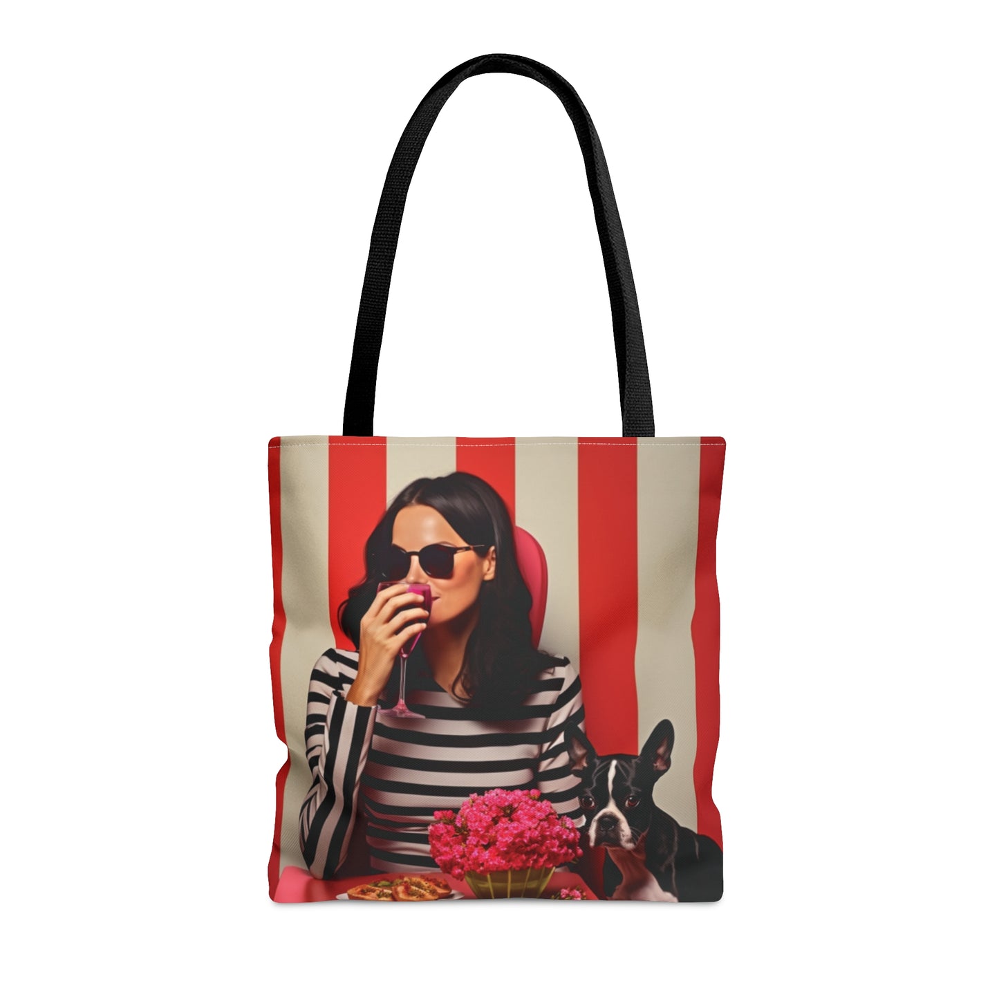 Woman drinking wine with Boston Terrier themed Tote Bag (AOP) - French Boston