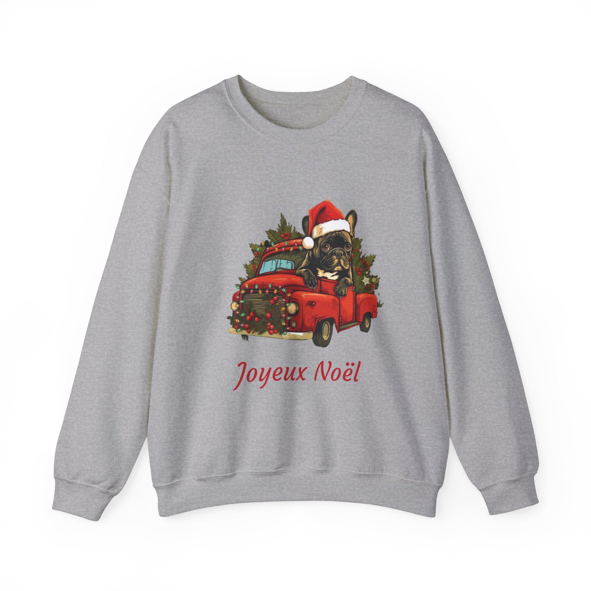 "Joyeux Noël" - Frenchie Bulldog in a Red Truck Christmas Themed Sweatshirt - French Boston