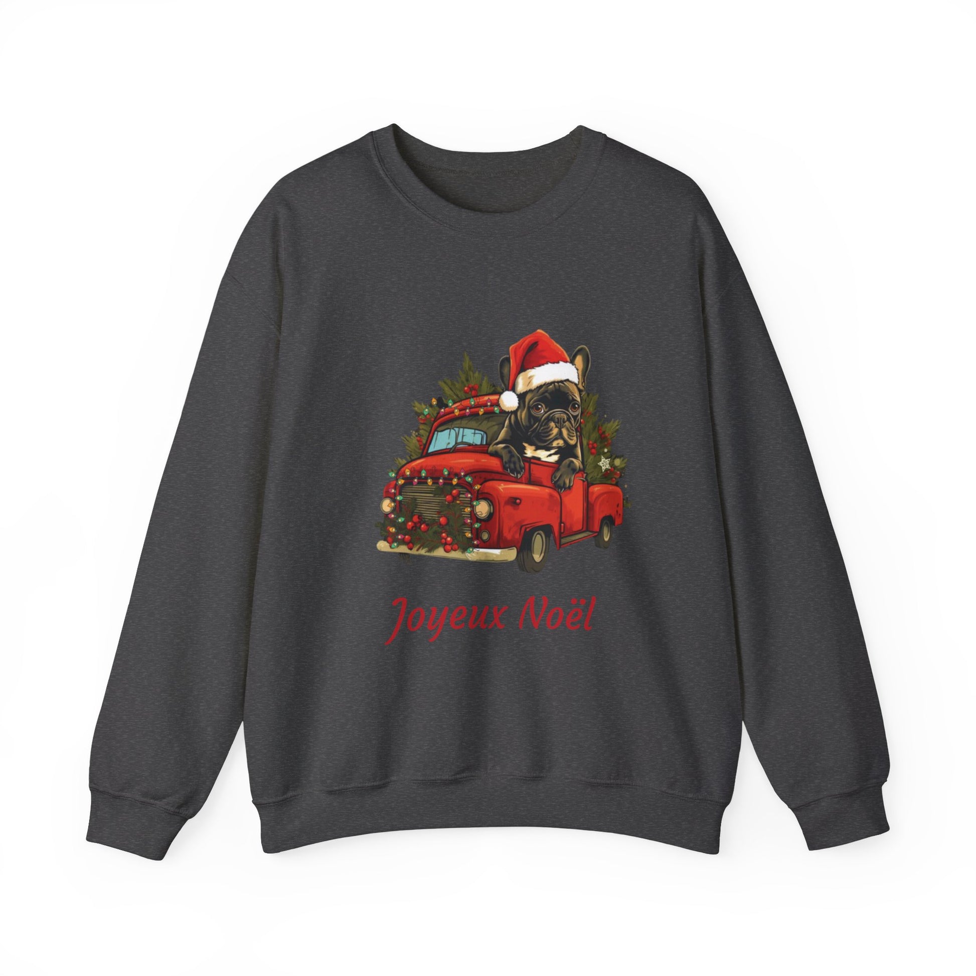 "Joyeux Noël" - Frenchie Bulldog in a Red Truck Christmas Themed Sweatshirt - French Boston