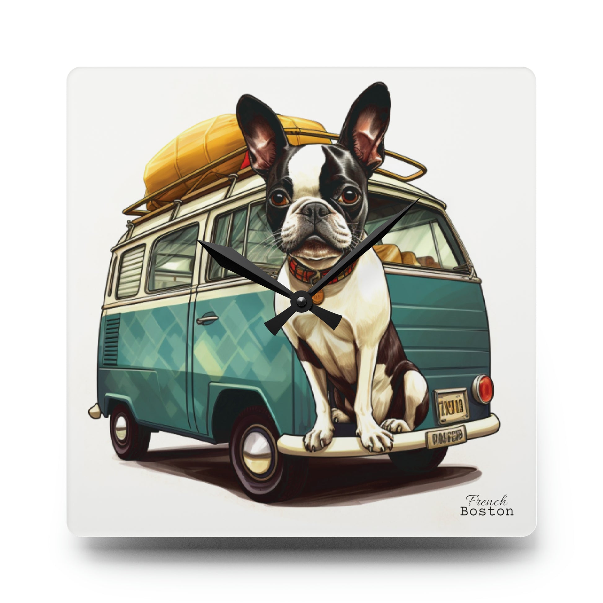 Camper Van Boston Terrier Acrylic Wall Clock - Square - French Boston - French Boston