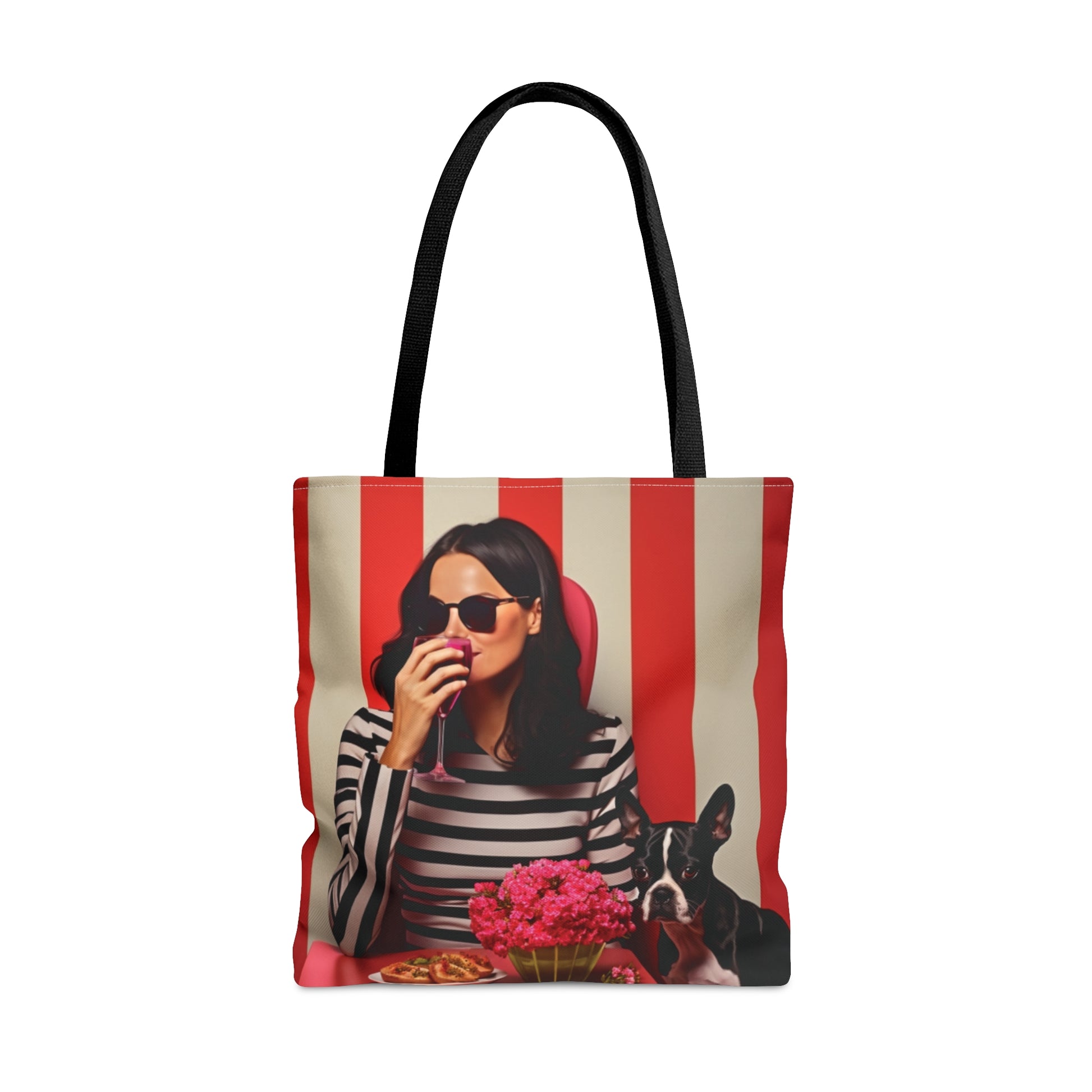 Woman drinking wine with Boston Terrier themed Tote Bag (AOP) - French Boston