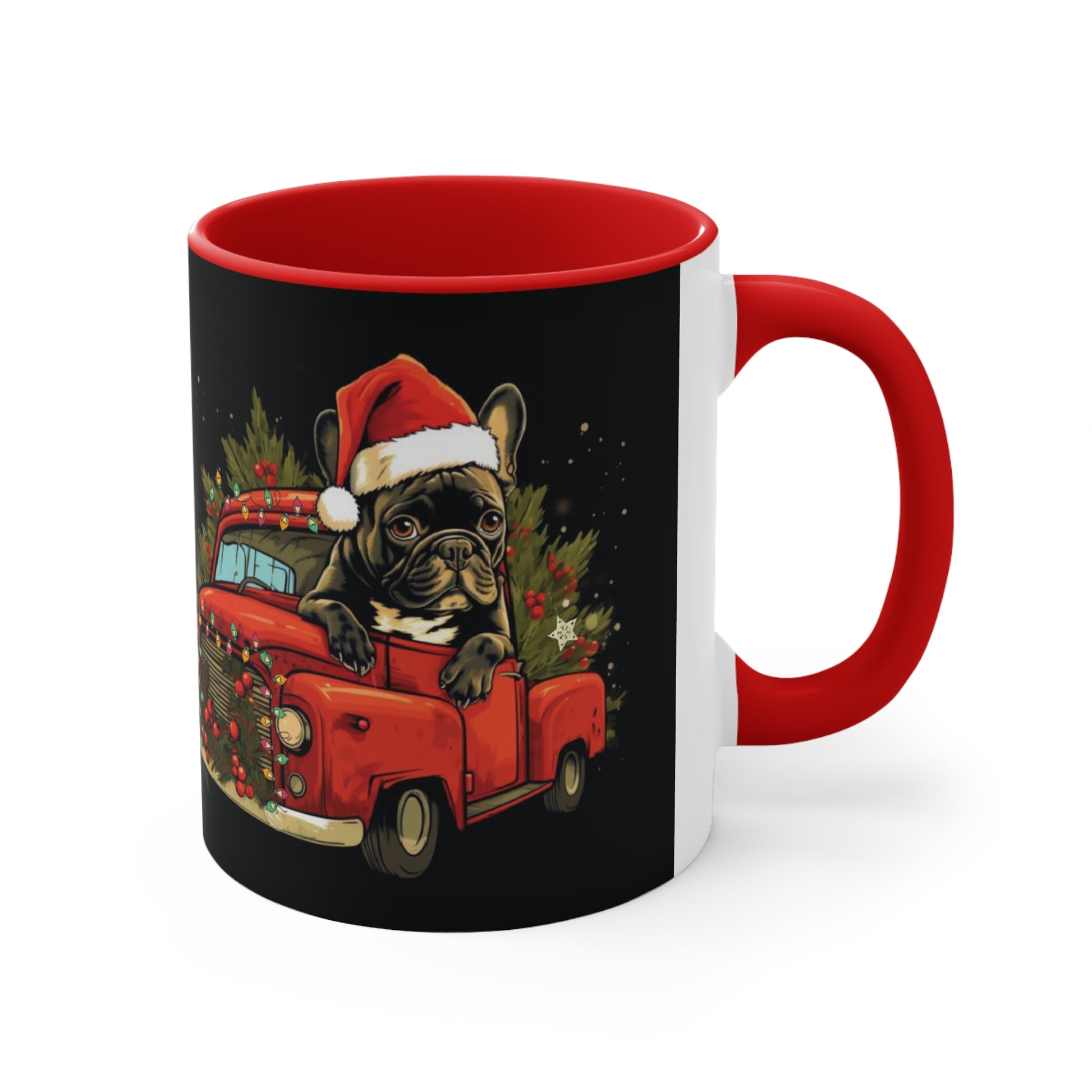 French Bulldog in red truck holiday themed Mug 11oz - French Boston