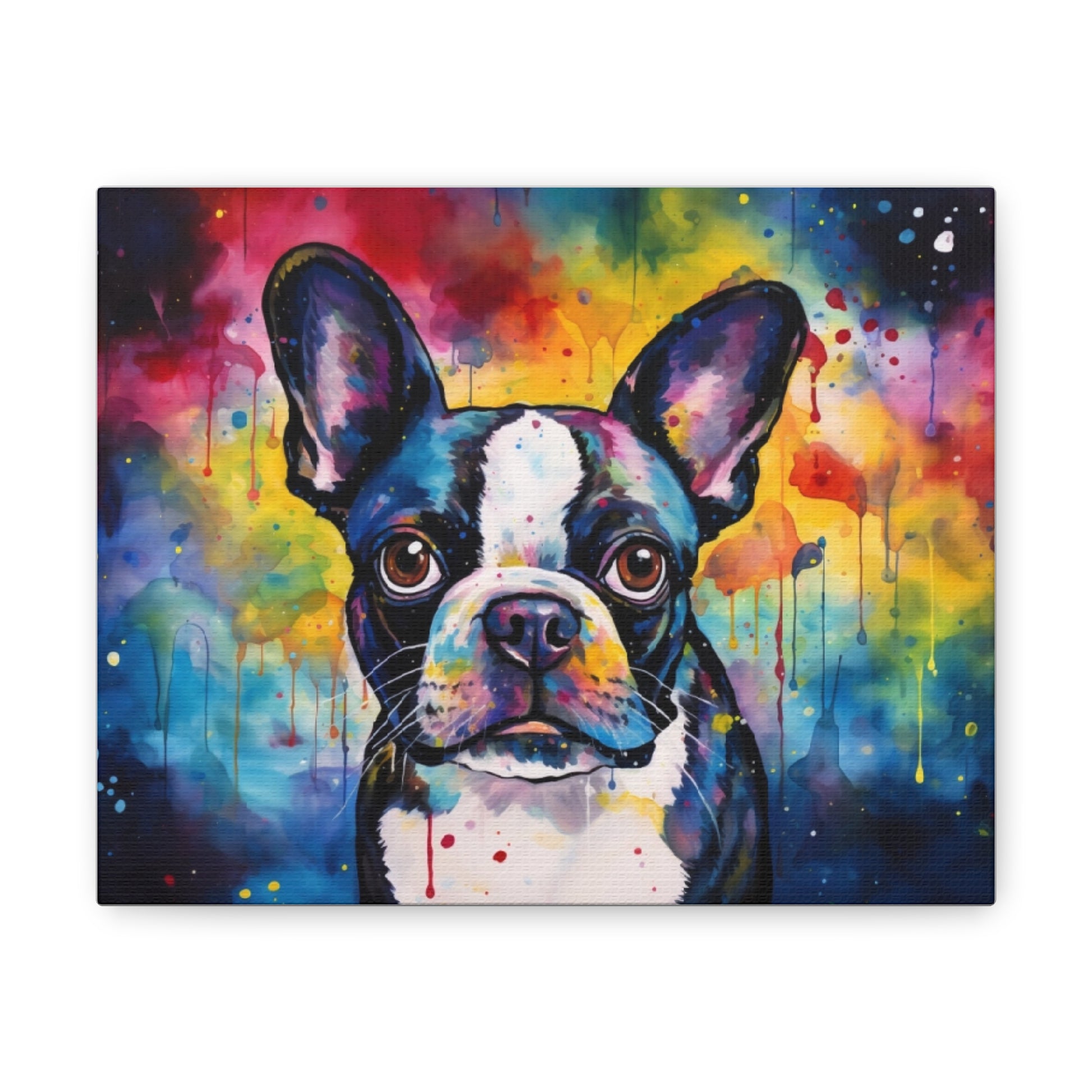 Boston Terrier Ink Watercolor Art Print on Canvas - French Boston