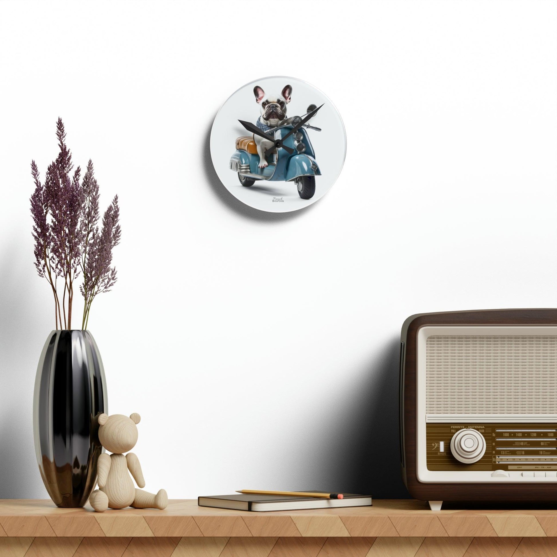 French Bulldog on Scooter Acrylic Wall Clock - Round - French Boston