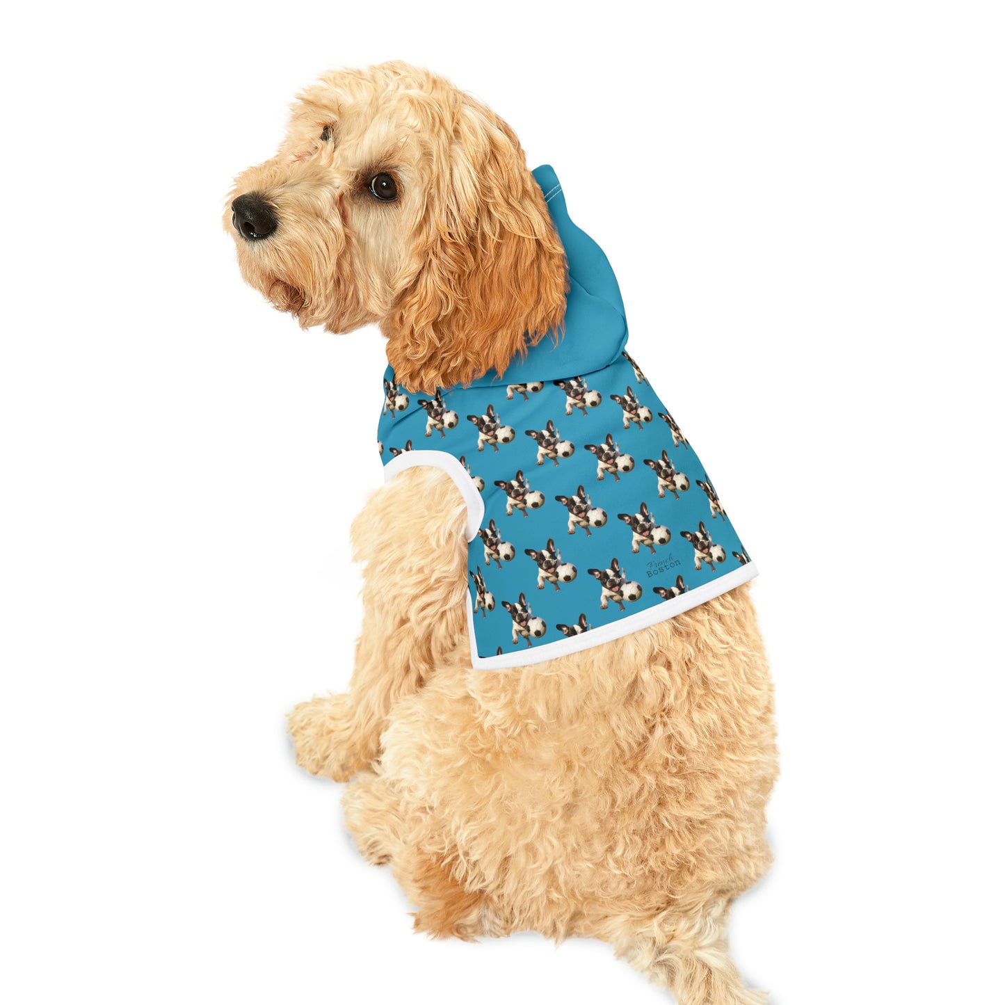 French Boston playing Soccer Pattern Pet Hoodie Turquoise Color - French Boston Unique Design - French Boston