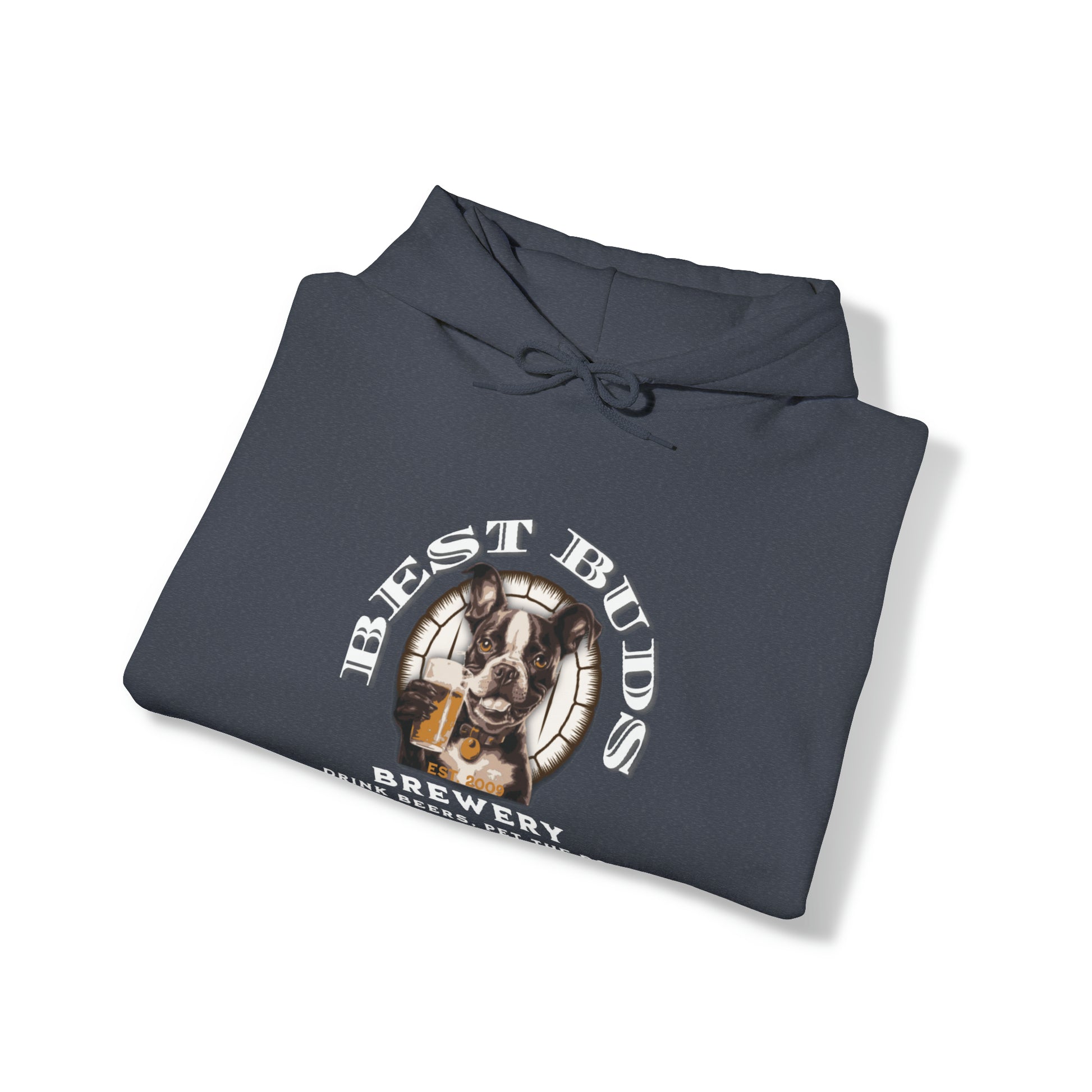 "Best Buds Brewery - Drink Beers, Pet the Dog, & Never Drink Alone" - Boston Terrier Themed Unisex Heavy Blend™ Hooded Sweatshirt - French Boston