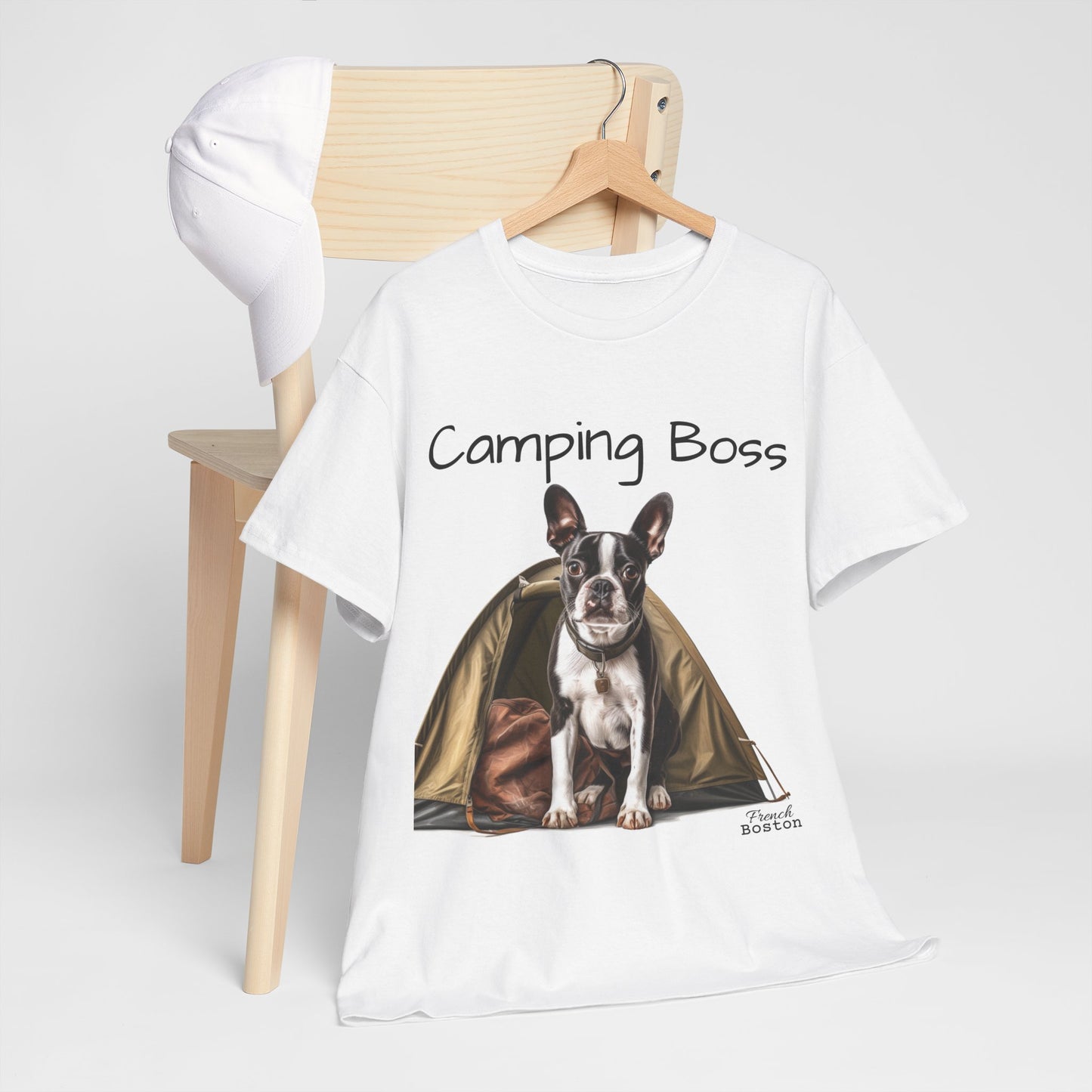 "Camping Boss" Boston Terrier with Tent Unisex Heavy Cotton Tee