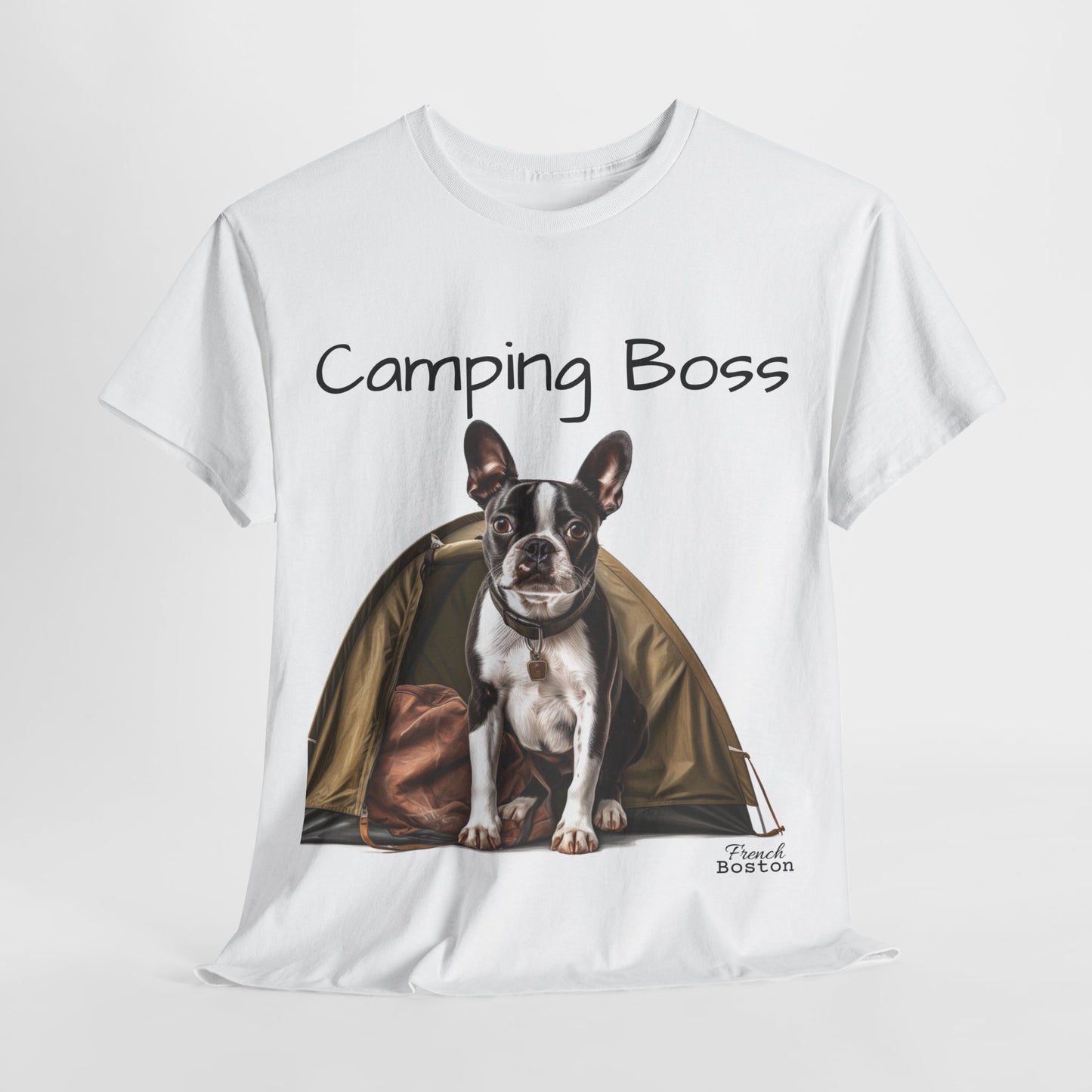 "Camping Boss" Boston Terrier with Tent Unisex Heavy Cotton Tee