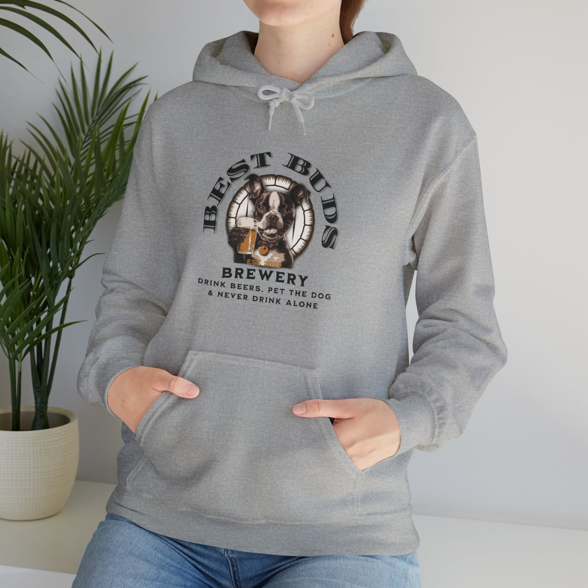 "Best Buds Brewery - Drink Beers, Pet the Dog, & Never Drink Alone" - Boston Terrier Themed Unisex Heavy Blend™ Hooded Sweatshirt - French Boston