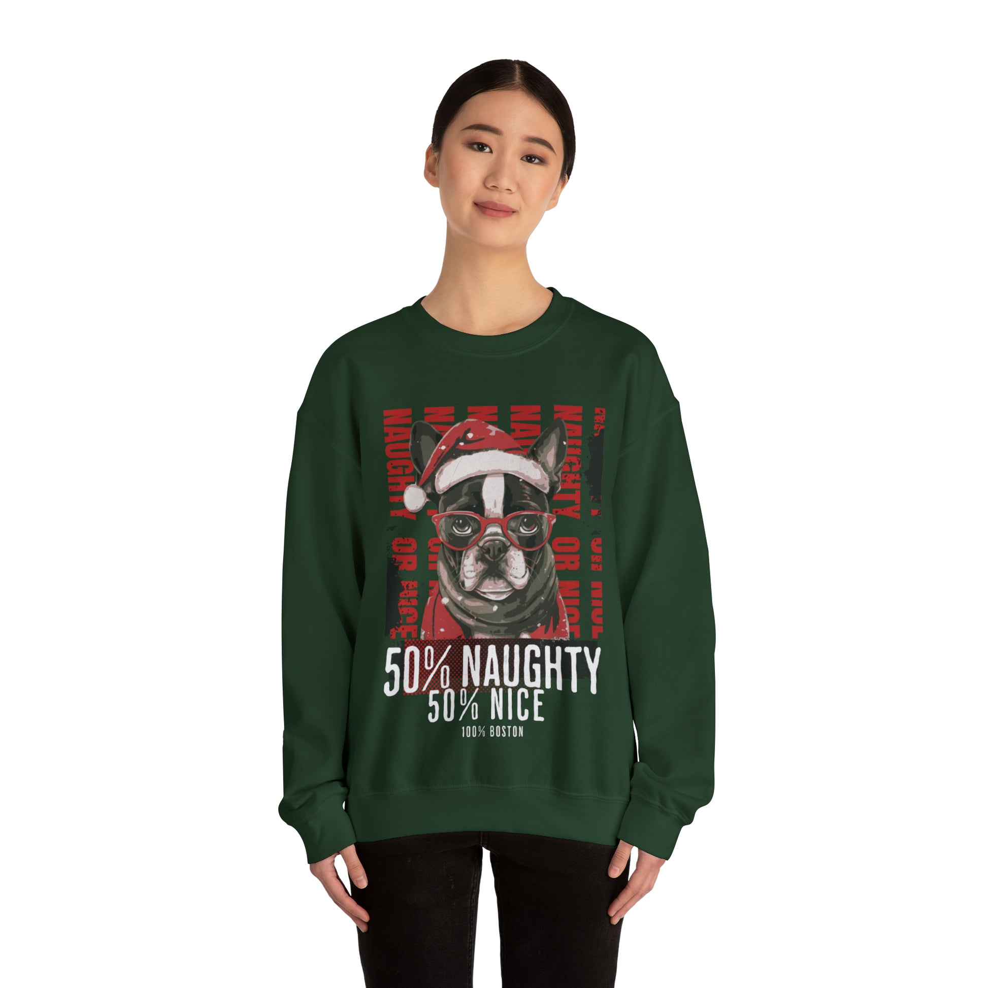 "50% Naughty 50% Nice 100% Boston" Christmas Unisex Crewneck Sweatshirt - French Boston