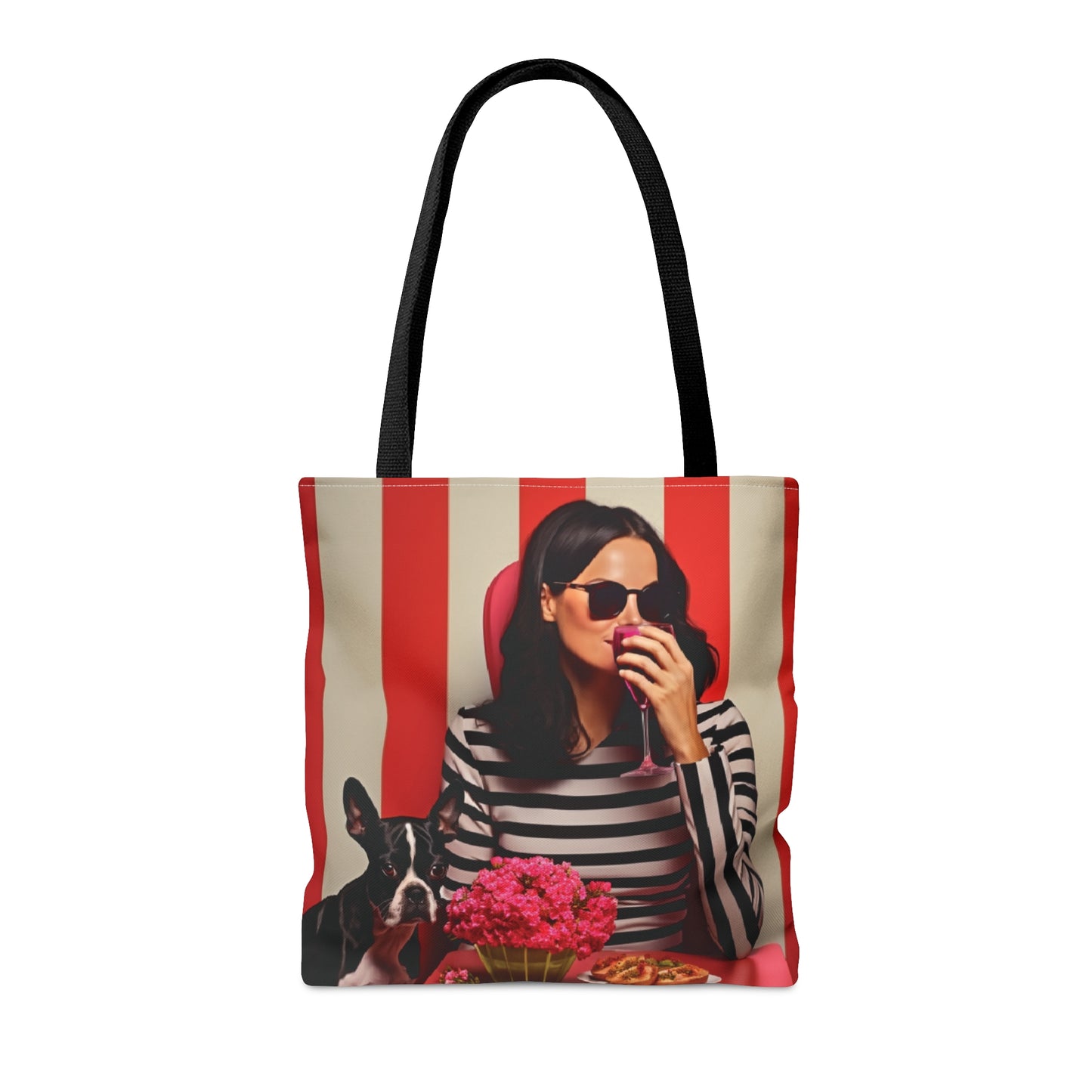 Woman drinking wine with Boston Terrier themed Tote Bag (AOP) - French Boston