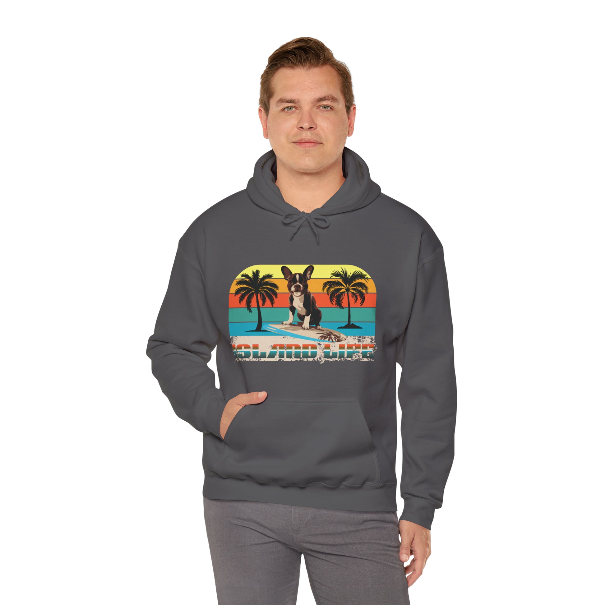 "Island Life" Surfing Boston Terrier - Unisex Heavy Blend™ Hooded Sweatshirt - French Boston