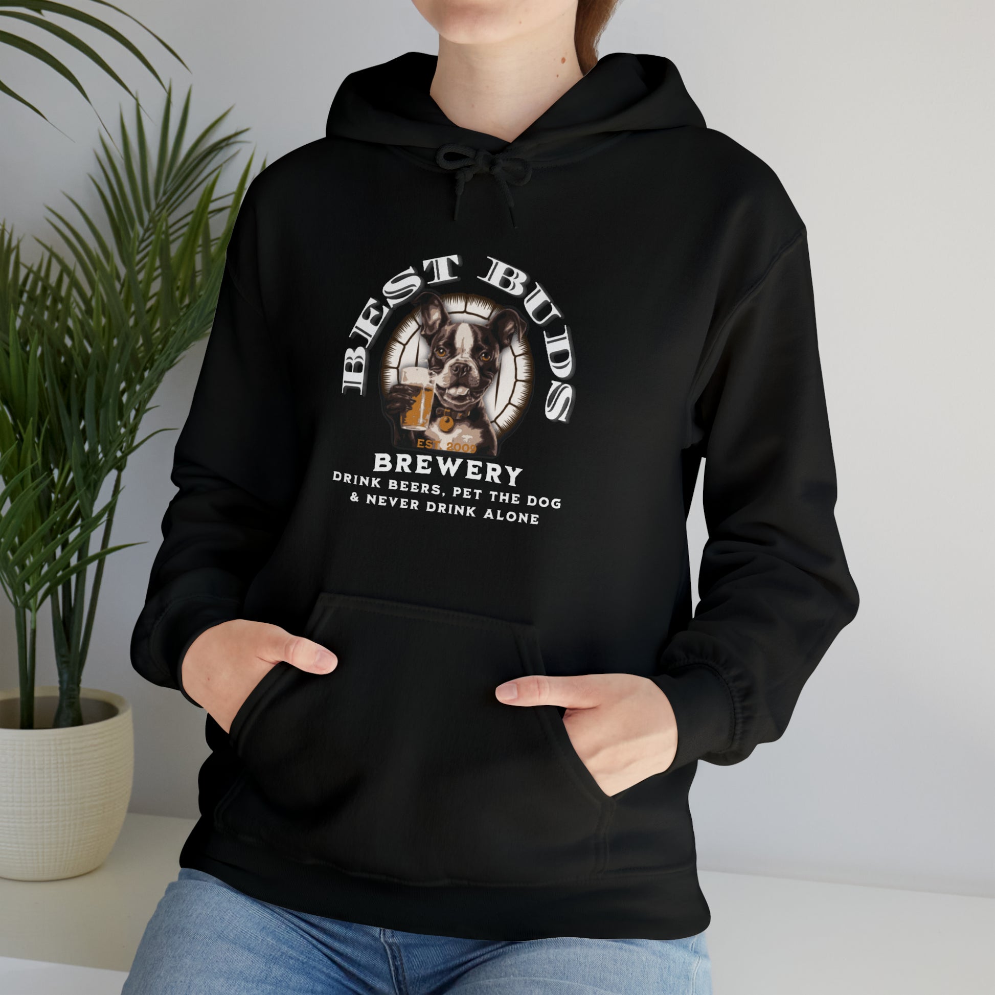 "Best Buds Brewery - Drink Beers, Pet the Dog, & Never Drink Alone" - Boston Terrier Themed Unisex Heavy Blend™ Hooded Sweatshirt - French Boston