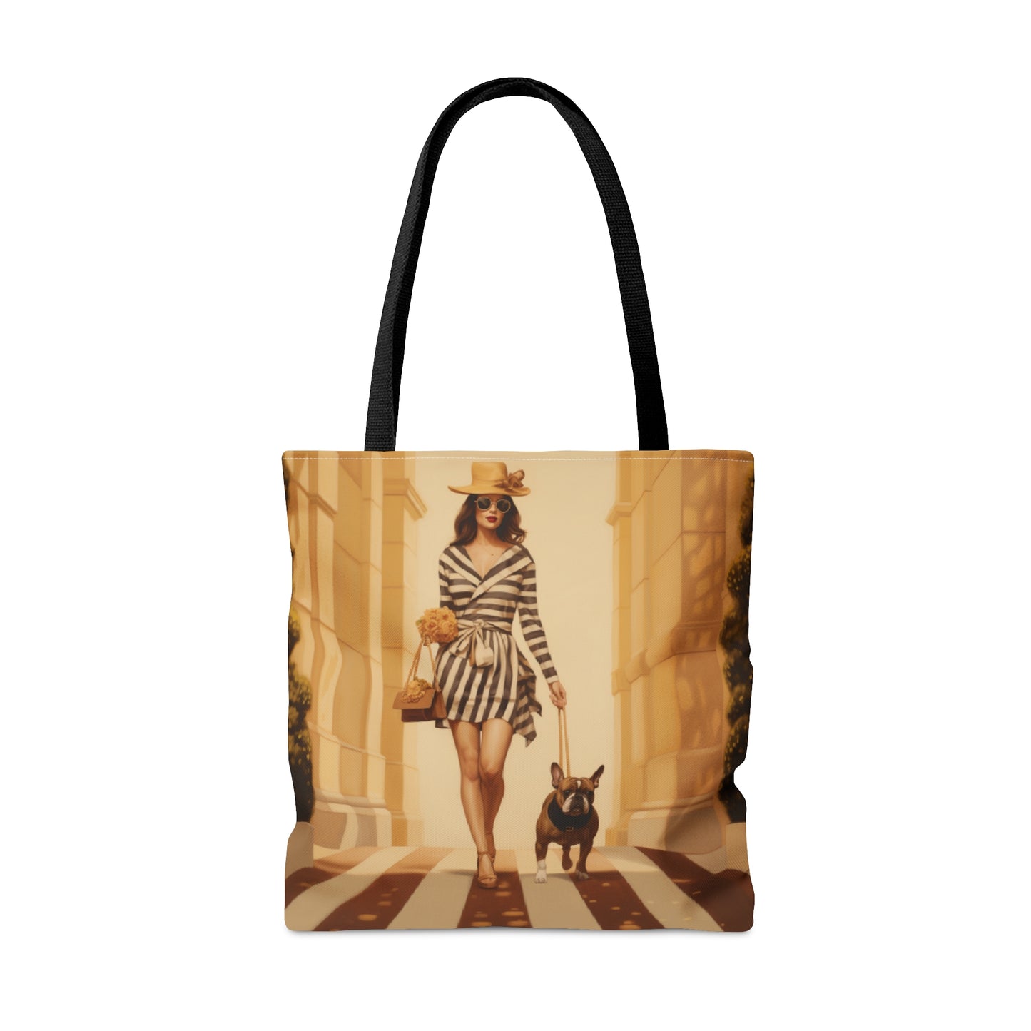 Woman walking French Bulldog french couture themed Tote Bag (AOP) - French Boston