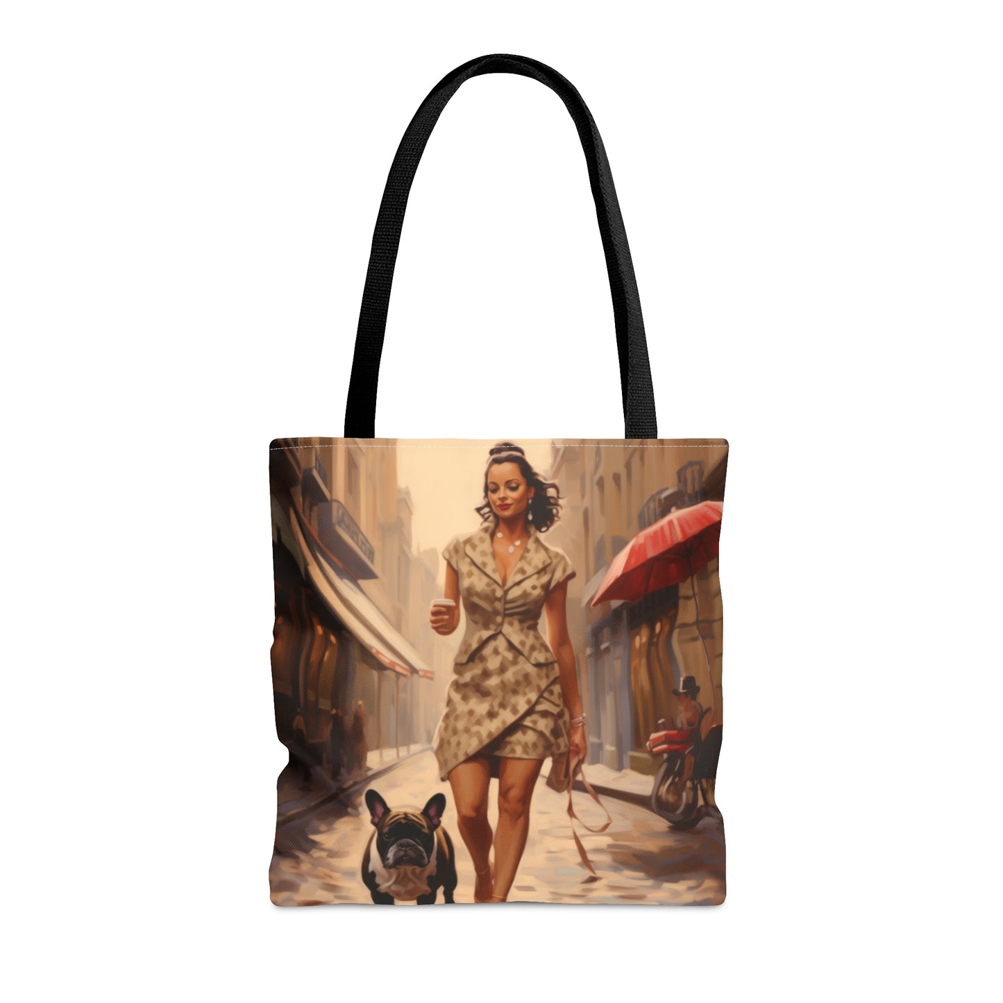 Woman walking French Bulldog french themed Tote Bag (AOP) - French Boston