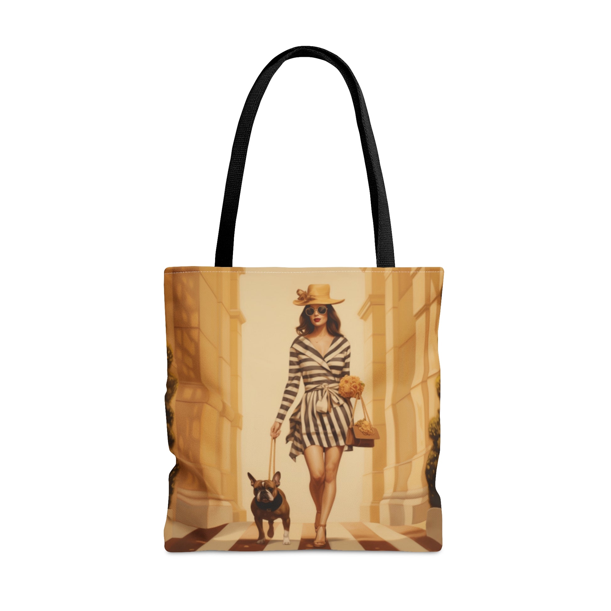 Woman walking French Bulldog french couture themed Tote Bag (AOP) - French Boston