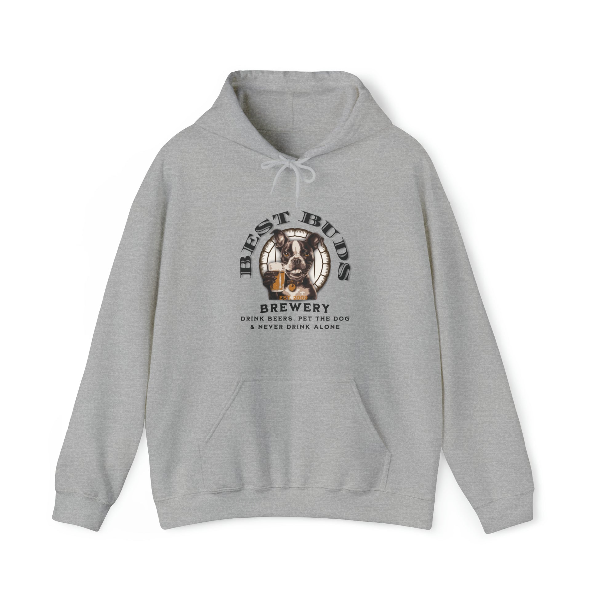 "Best Buds Brewery - Drink Beers, Pet the Dog, & Never Drink Alone" - Boston Terrier Themed Unisex Heavy Blend™ Hooded Sweatshirt - French Boston