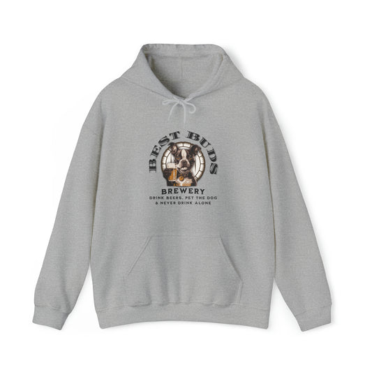 "Best Buds Brewery - Drink Beers, Pet the Dog, & Never Drink Alone" - Boston Terrier Themed Unisex Heavy Blend™ Hooded Sweatshirt - French Boston