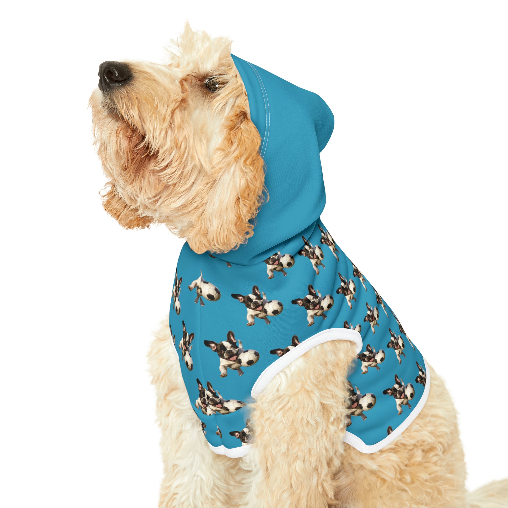 French Boston playing Soccer Pattern Pet Hoodie Turquoise Color - French Boston Unique Design - French Boston