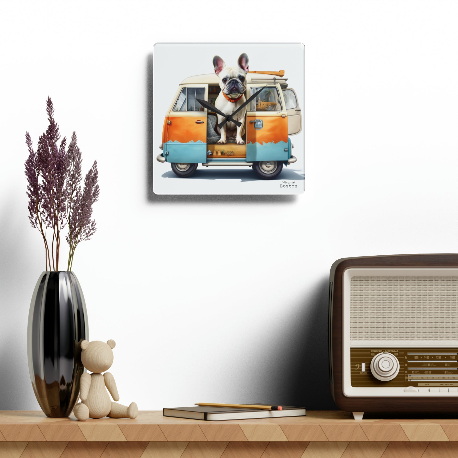 Camper Van French Bulldog Acrylic Wall Clock - Square - French Boston