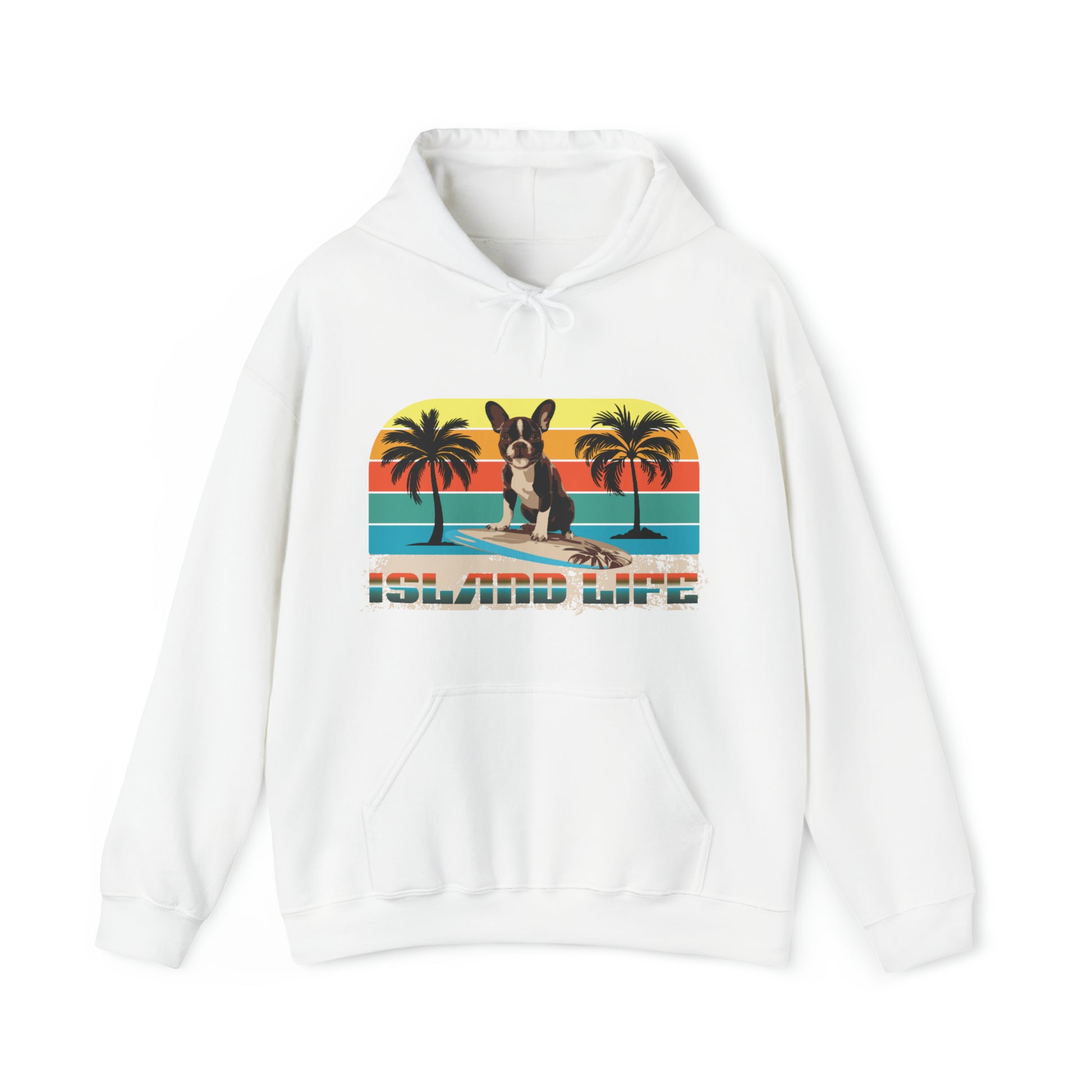 "Island Life" Surfing Boston Terrier - Unisex Heavy Blend™ Hooded Sweatshirt - French Boston