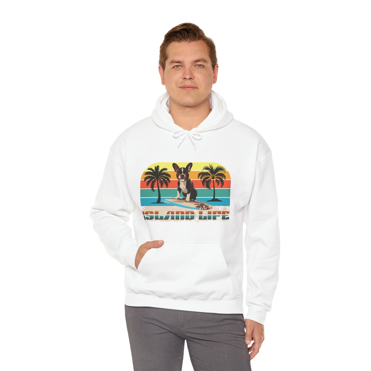 "Island Life" Surfing Boston Terrier - Unisex Heavy Blend™ Hooded Sweatshirt - French Boston