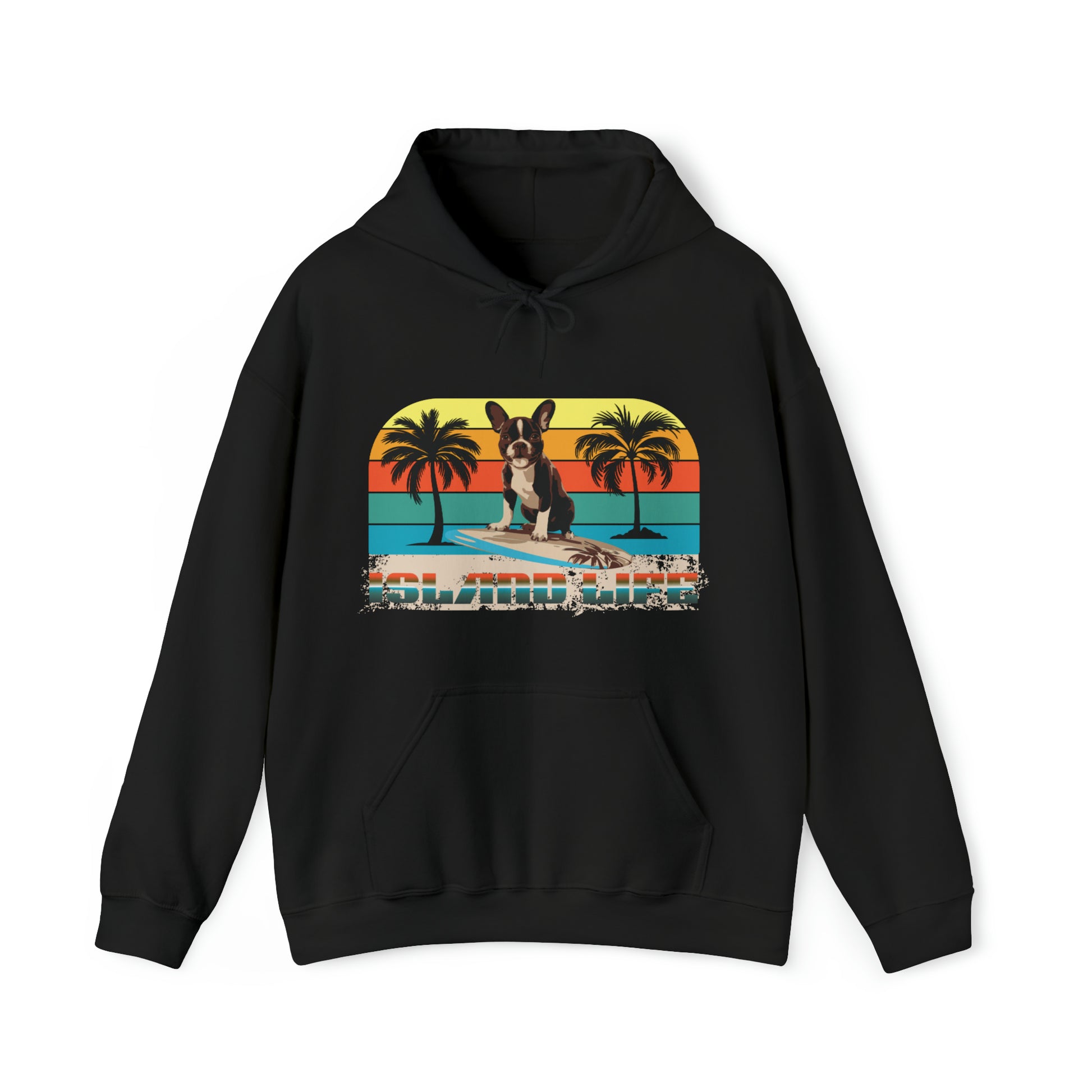 "Island Life" Surfing Boston Terrier - Unisex Heavy Blend™ Hooded Sweatshirt - French Boston