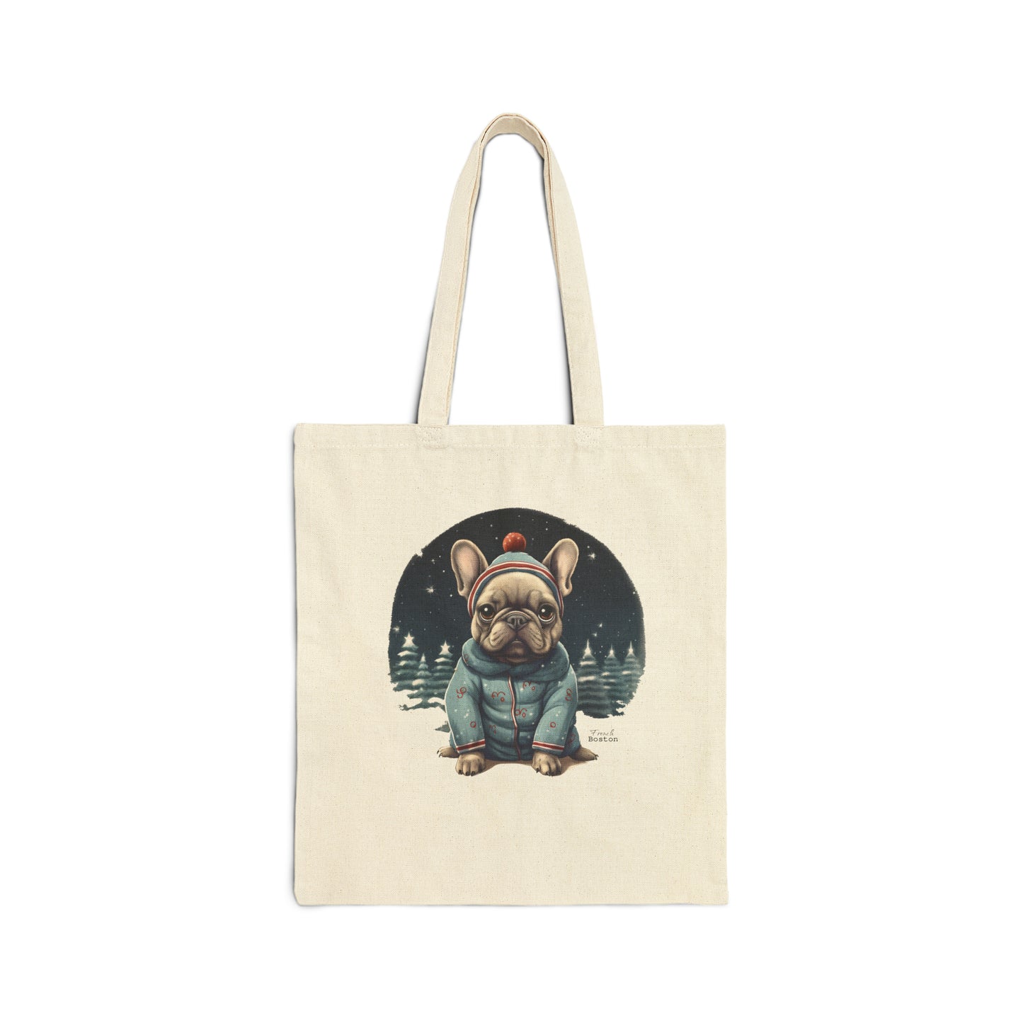 Blue French Bulldog Winter Themed 100% Cotton Canvas Tote Bag - French Boston