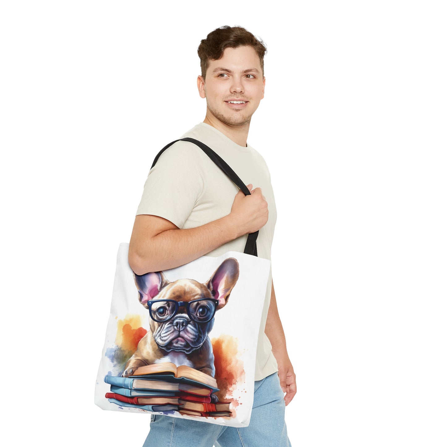 Books and French Bulldog Watercolor themed Tote Bag (AOP) - French Boston