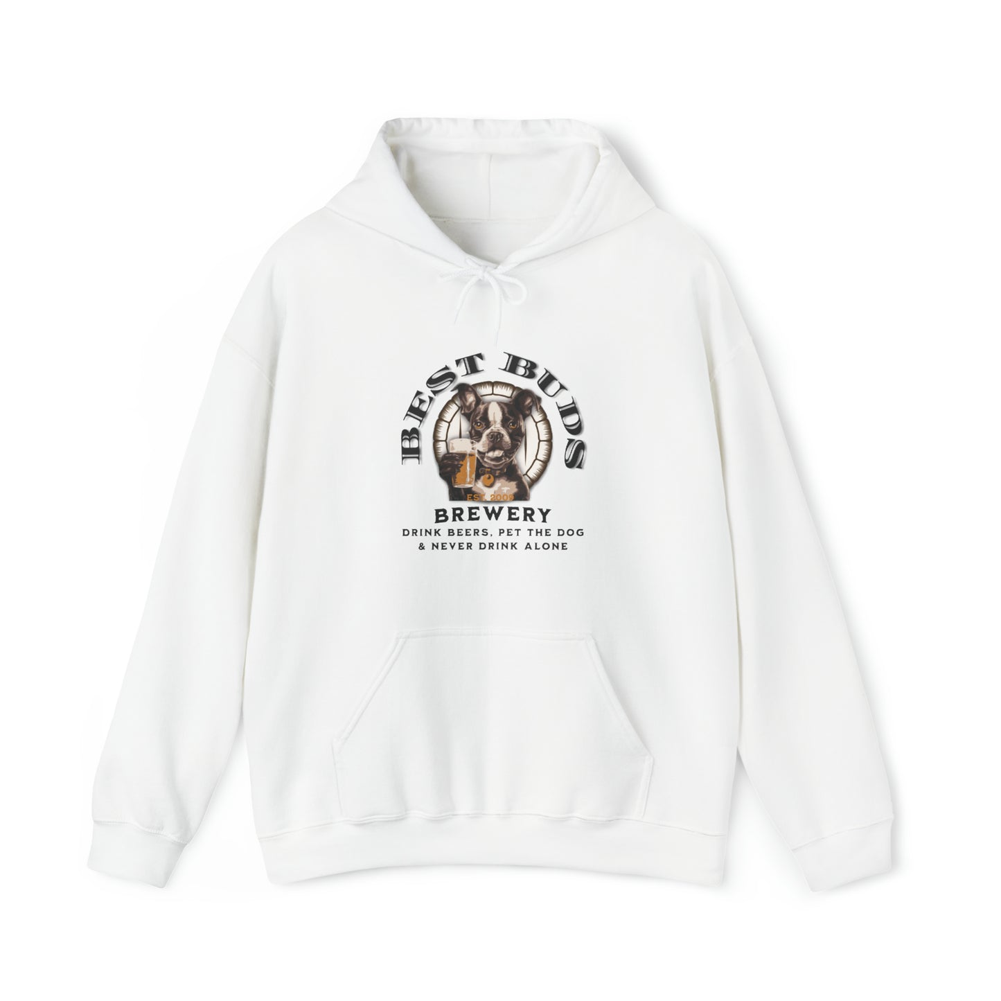 "Best Buds Brewery - Drink Beers, Pet the Dog, & Never Drink Alone" - Boston Terrier Themed Unisex Heavy Blend™ Hooded Sweatshirt - French Boston