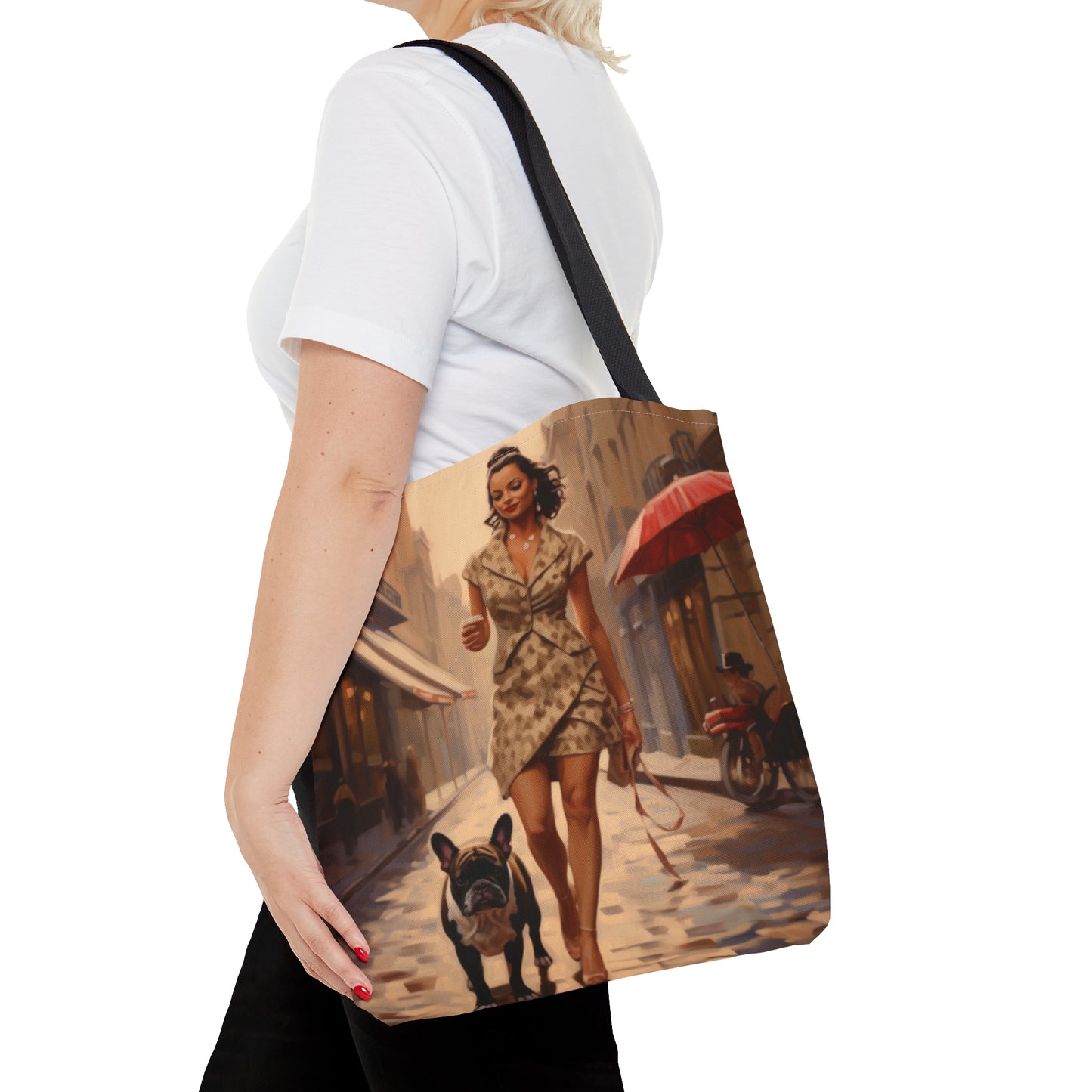 Woman walking French Bulldog french themed Tote Bag (AOP) - French Boston