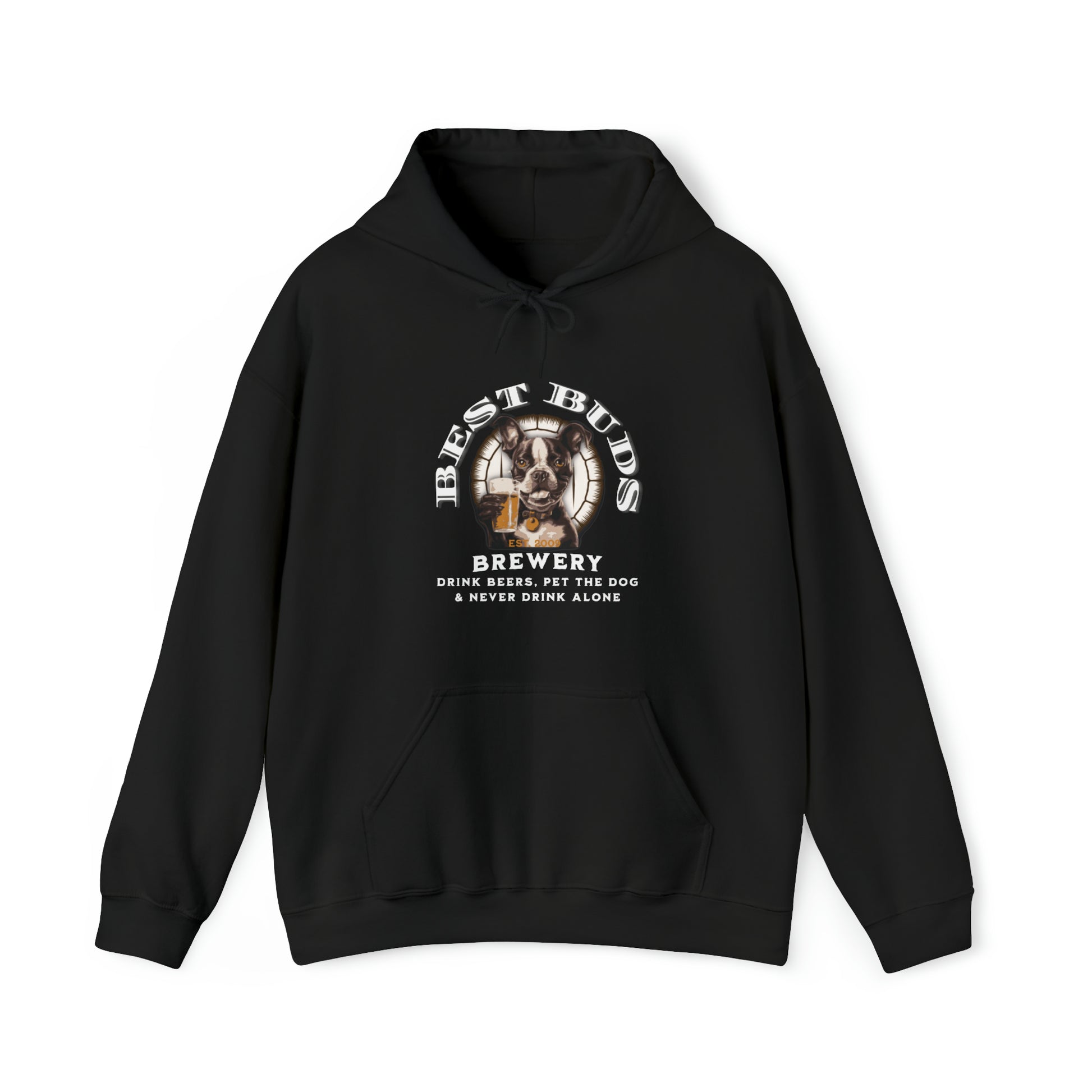 "Best Buds Brewery - Drink Beers, Pet the Dog, & Never Drink Alone" - Boston Terrier Themed Unisex Heavy Blend™ Hooded Sweatshirt - French Boston