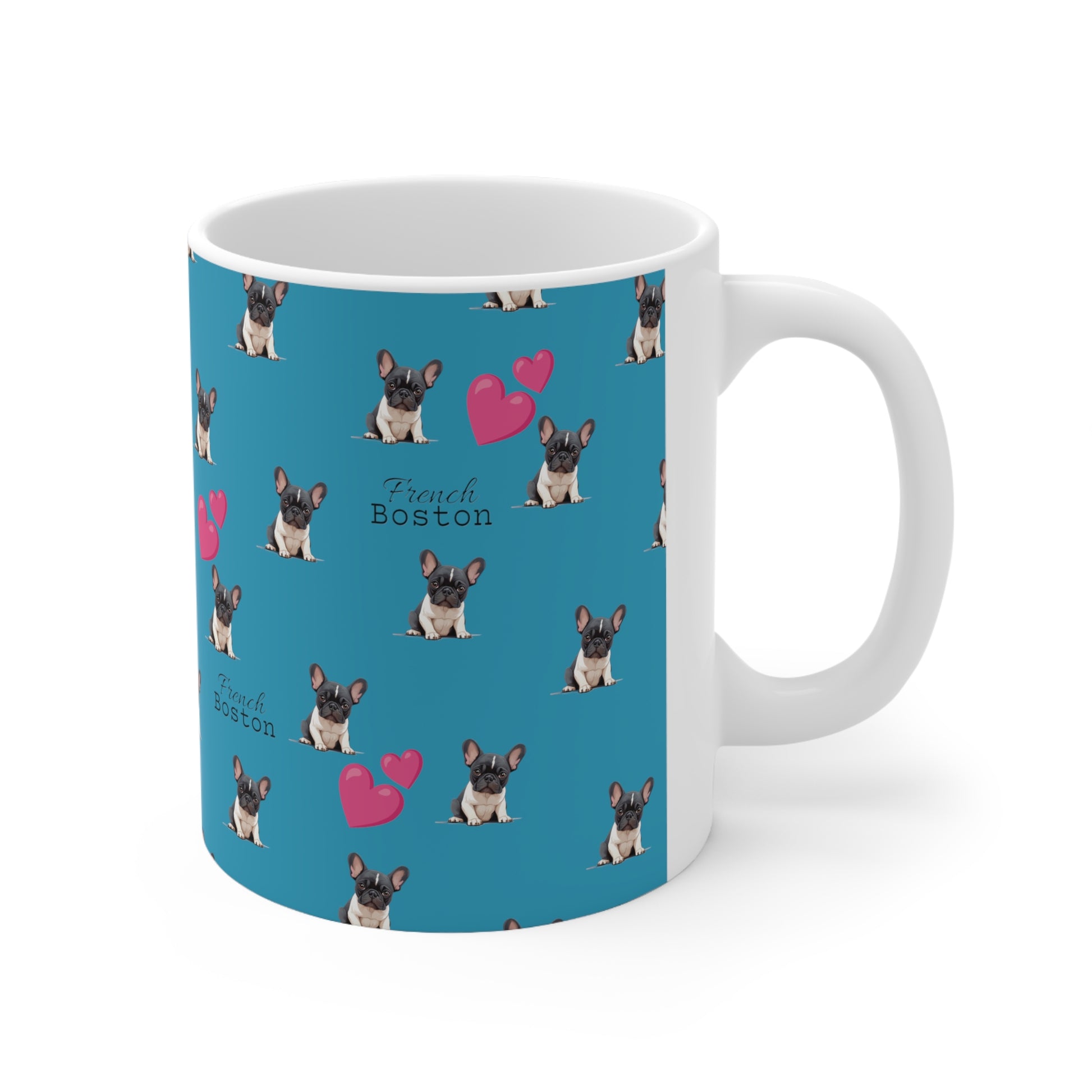 Baby French Boston Patterned Coffee Mug 11oz - Turquoise color with pink hearts - French Boston