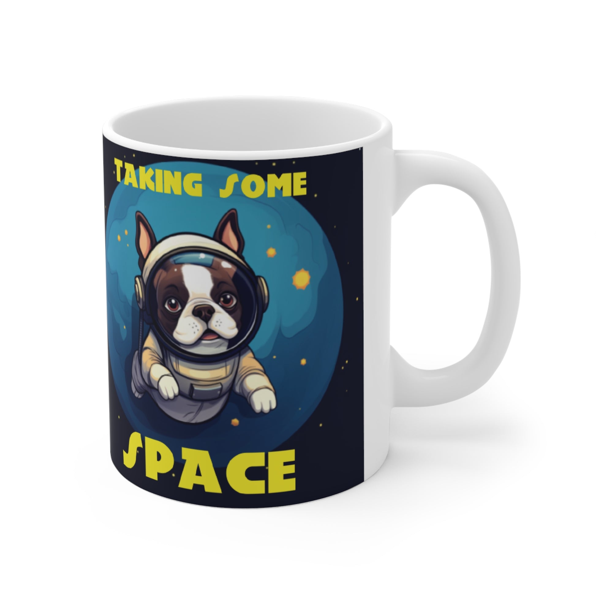 "Taking Some Space" - Cartoon of Frenchie Boston in Space Themed Coffee Mug 11oz - French Boston