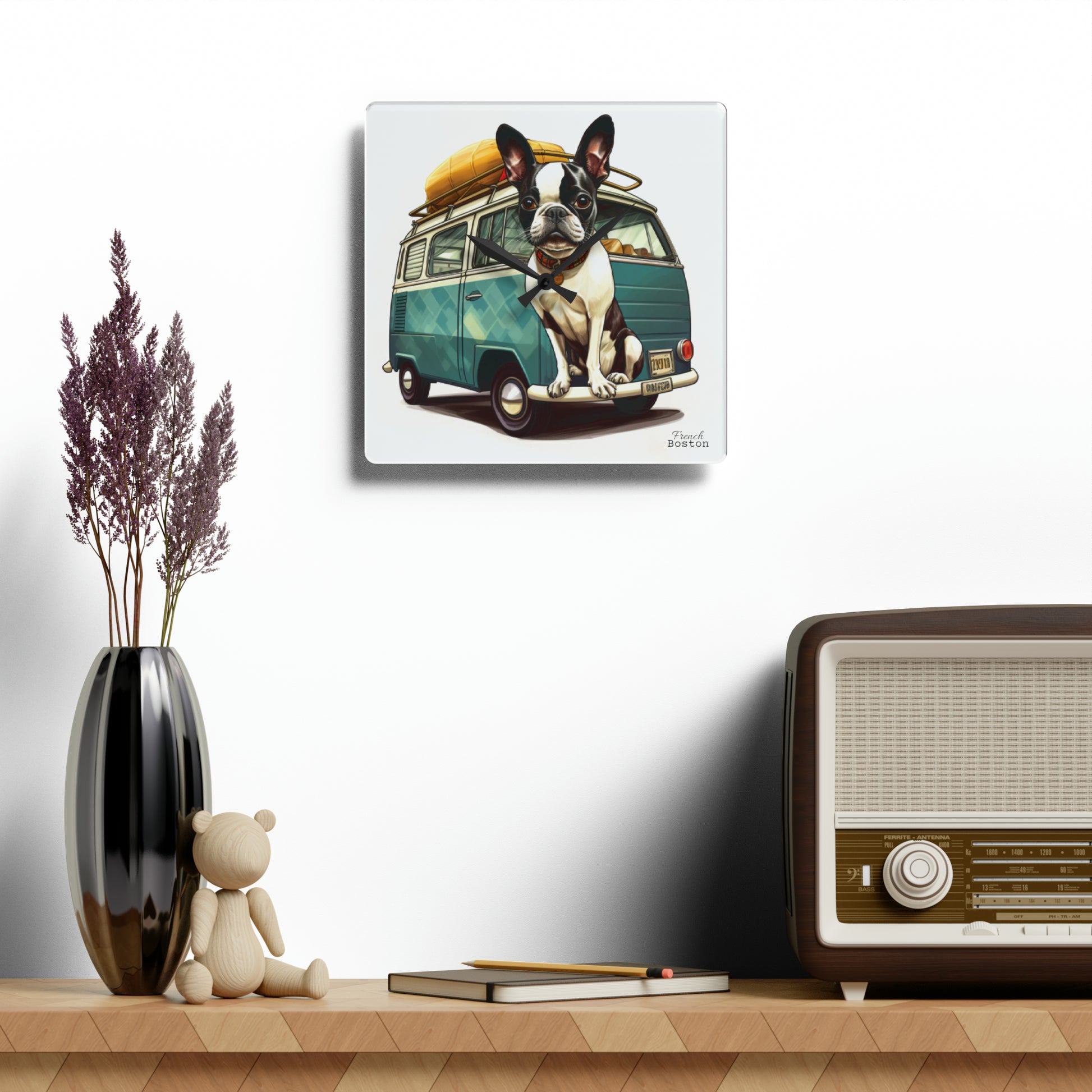 Camper Van Boston Terrier Acrylic Wall Clock - Square - French Boston - French Boston