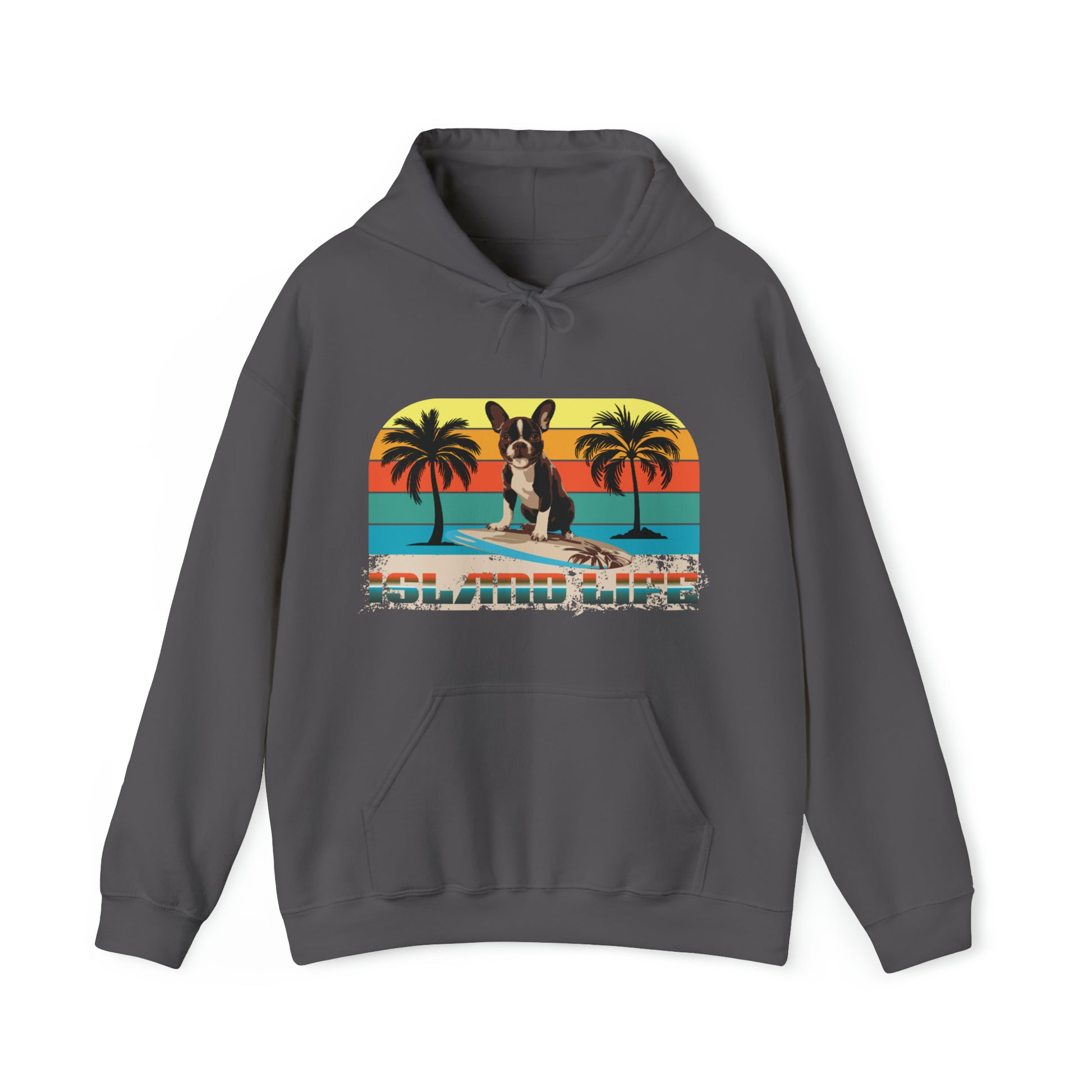 "Island Life" Surfing Boston Terrier - Unisex Heavy Blend™ Hooded Sweatshirt - French Boston