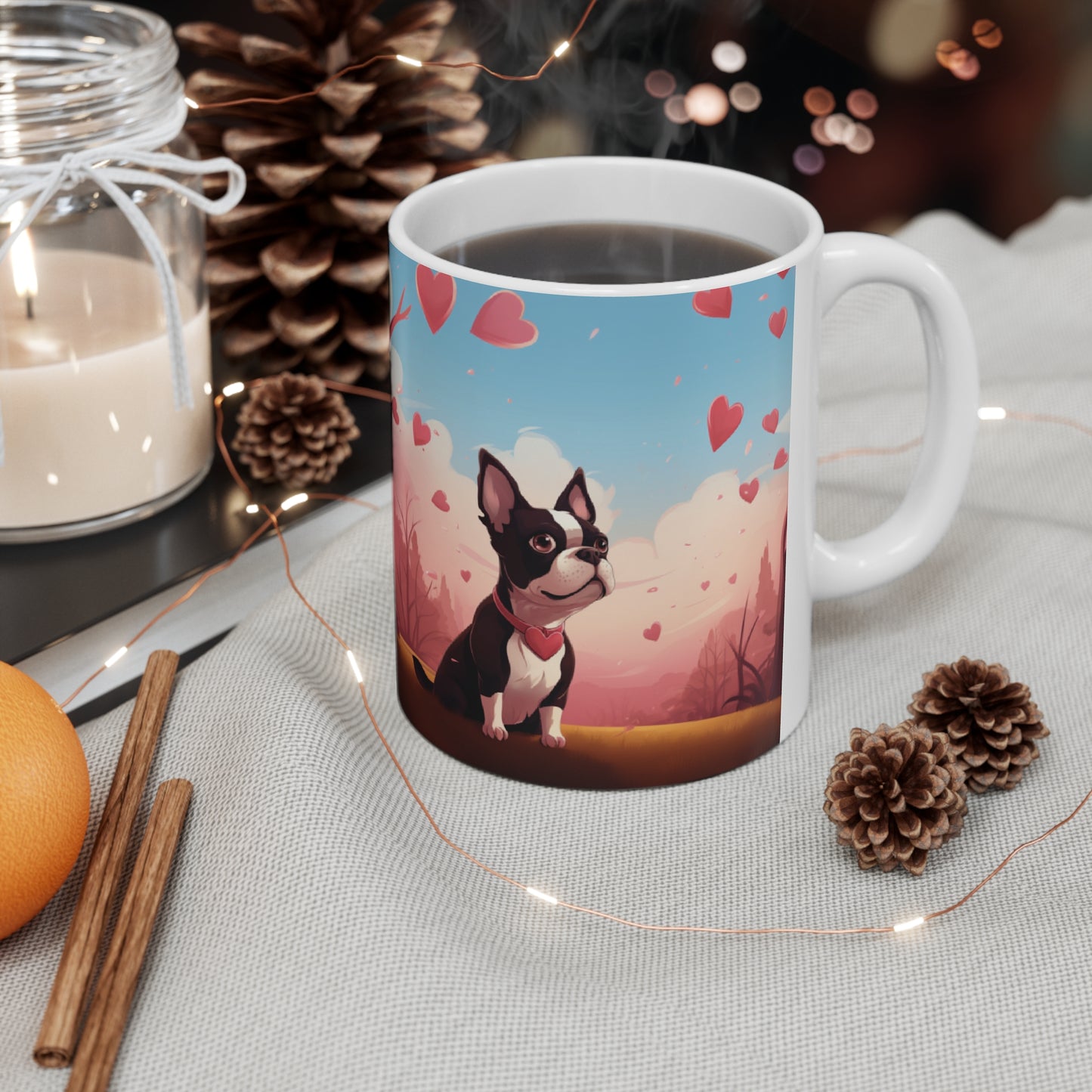 "My DreamValentine: Loyal AF Excellent listener Always by my side Sweet brown eyes Best cuddler ever Loves Affection & Kisses" Valentine's Day Boston Terrier Valentines Day Themed Ceramic Mug 11oz - French Boston