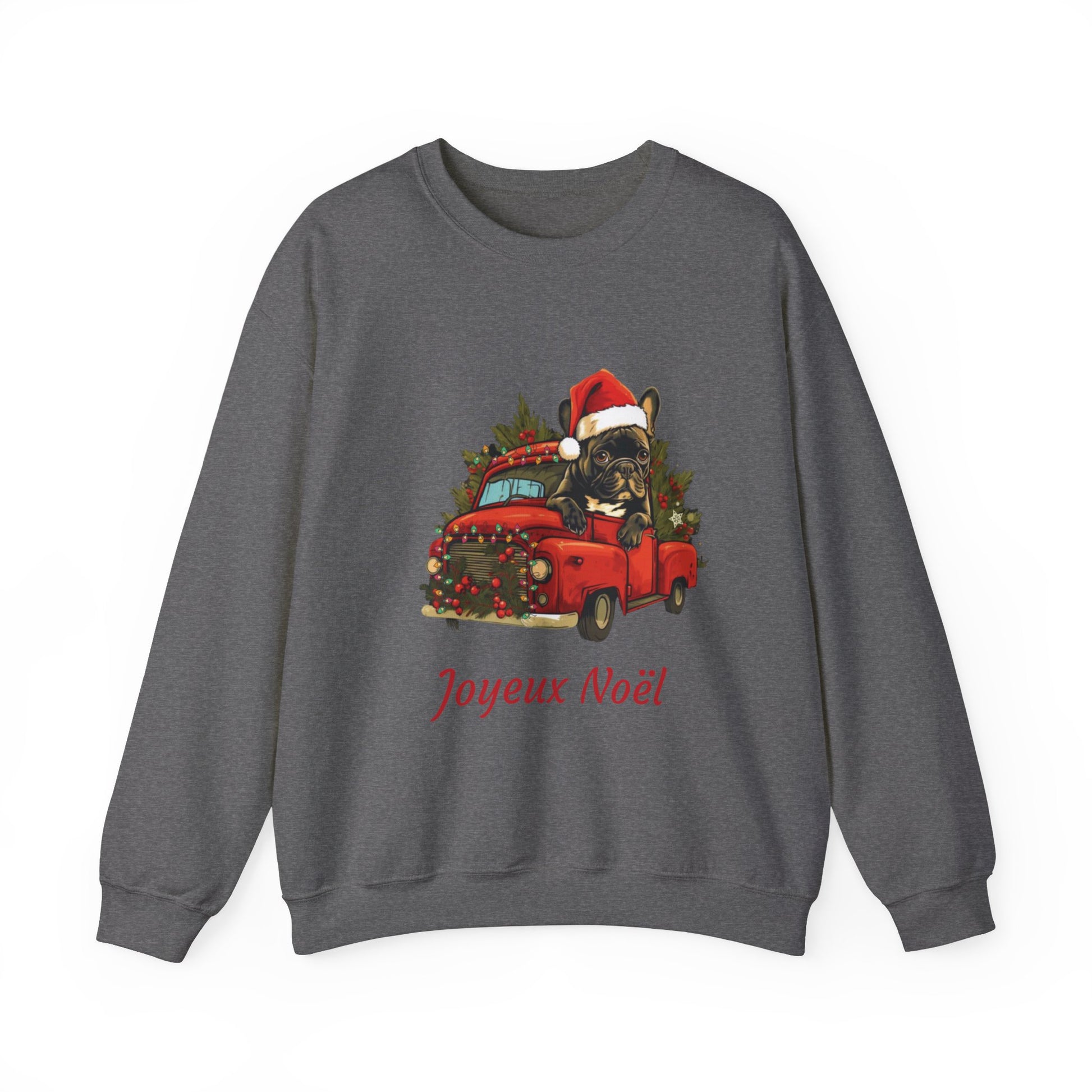 "Joyeux Noël" - Frenchie Bulldog in a Red Truck Christmas Themed Sweatshirt - French Boston