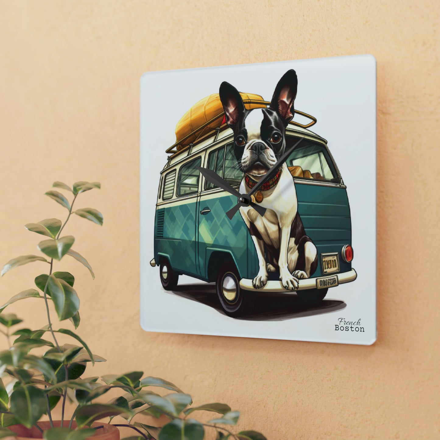 Camper Van Boston Terrier Acrylic Wall Clock - Square - French Boston - French Boston