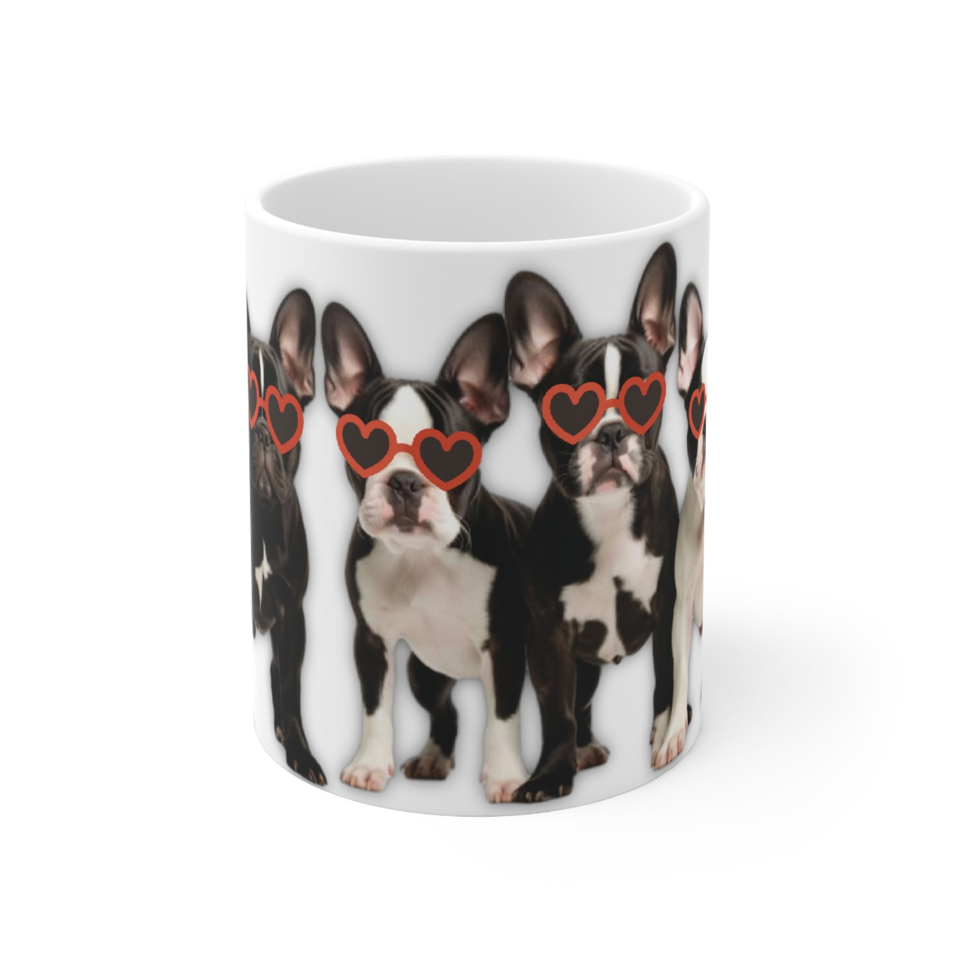 Frenchie Love Mug - Adorable Row of French Bulldogs wearing sunglasses - Frenchie Bulldog themed Mug 11oz - French Boston