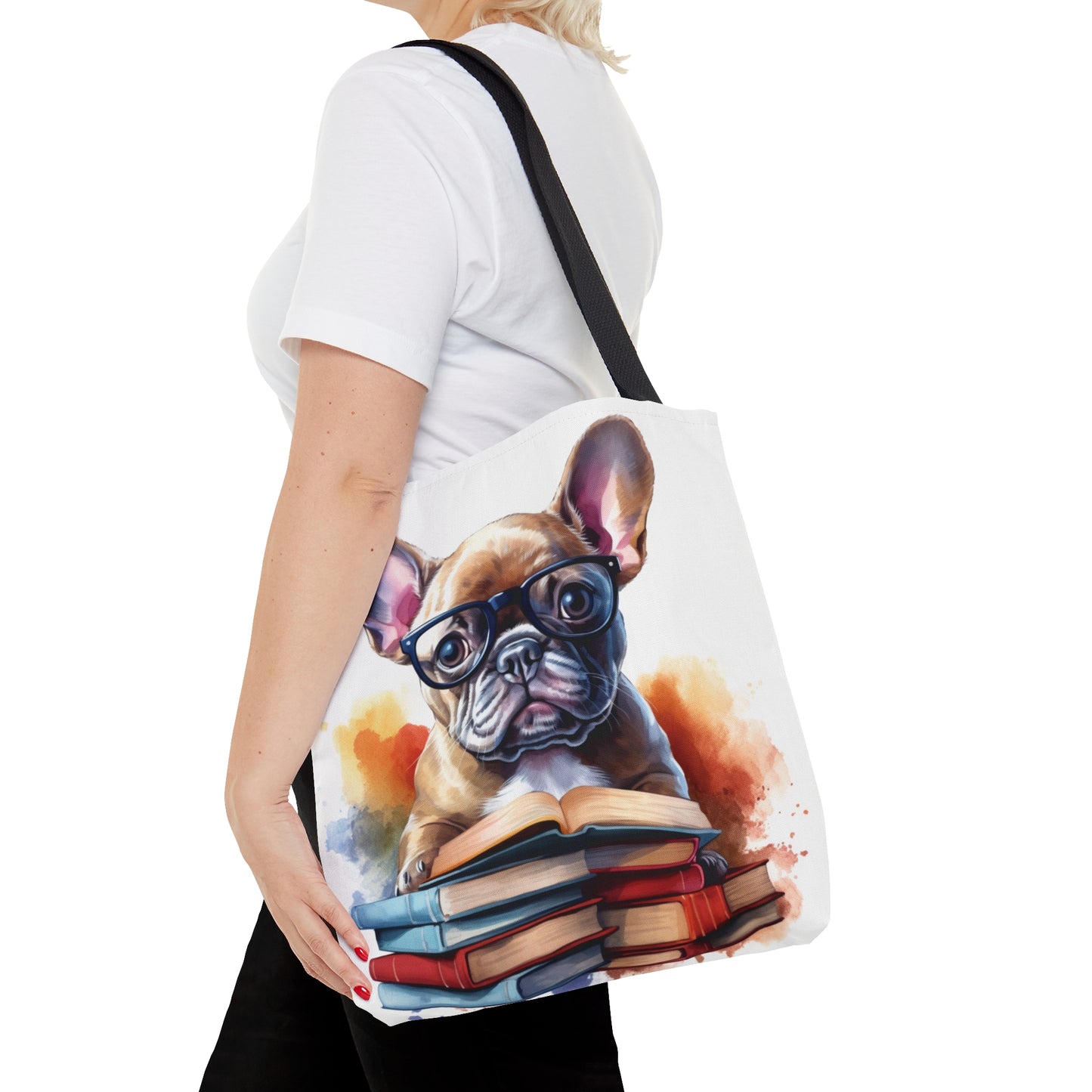 Books and French Bulldog Watercolor themed Tote Bag (AOP) - French Boston