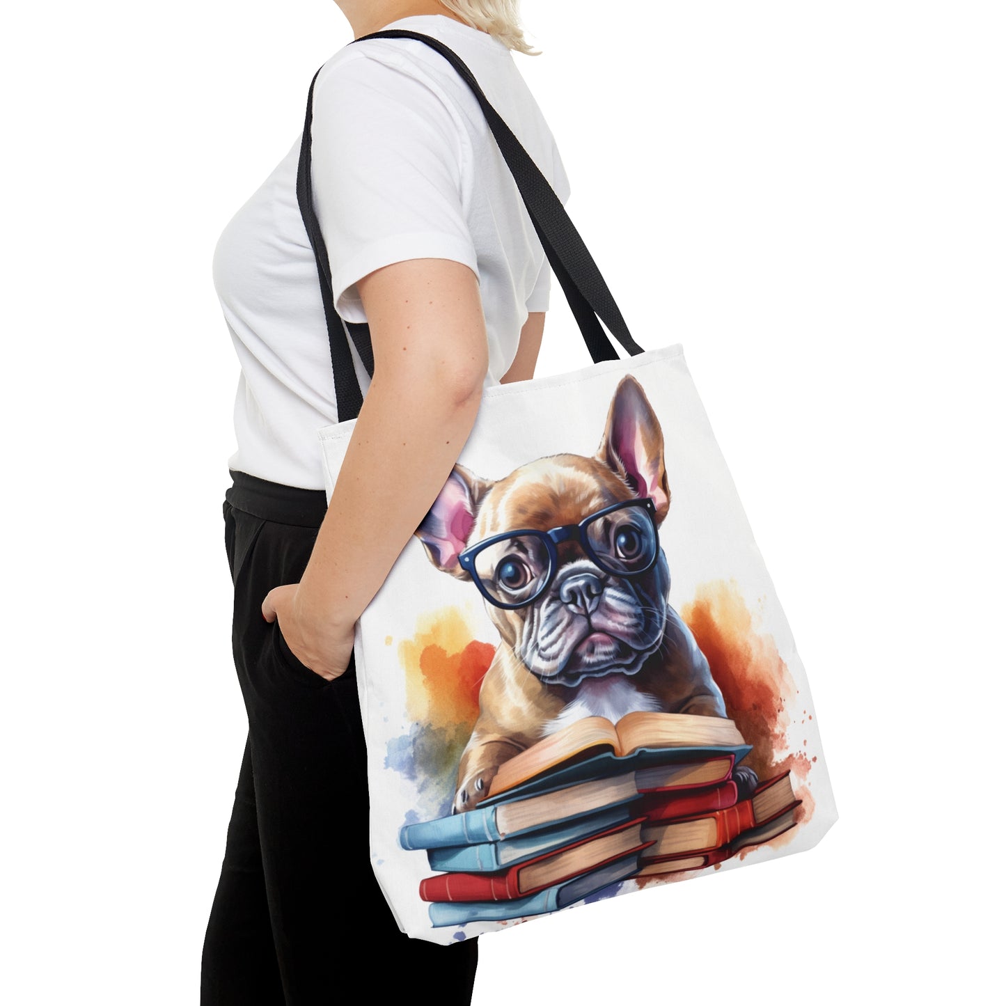 Books and French Bulldog Watercolor themed Tote Bag (AOP) - French Boston