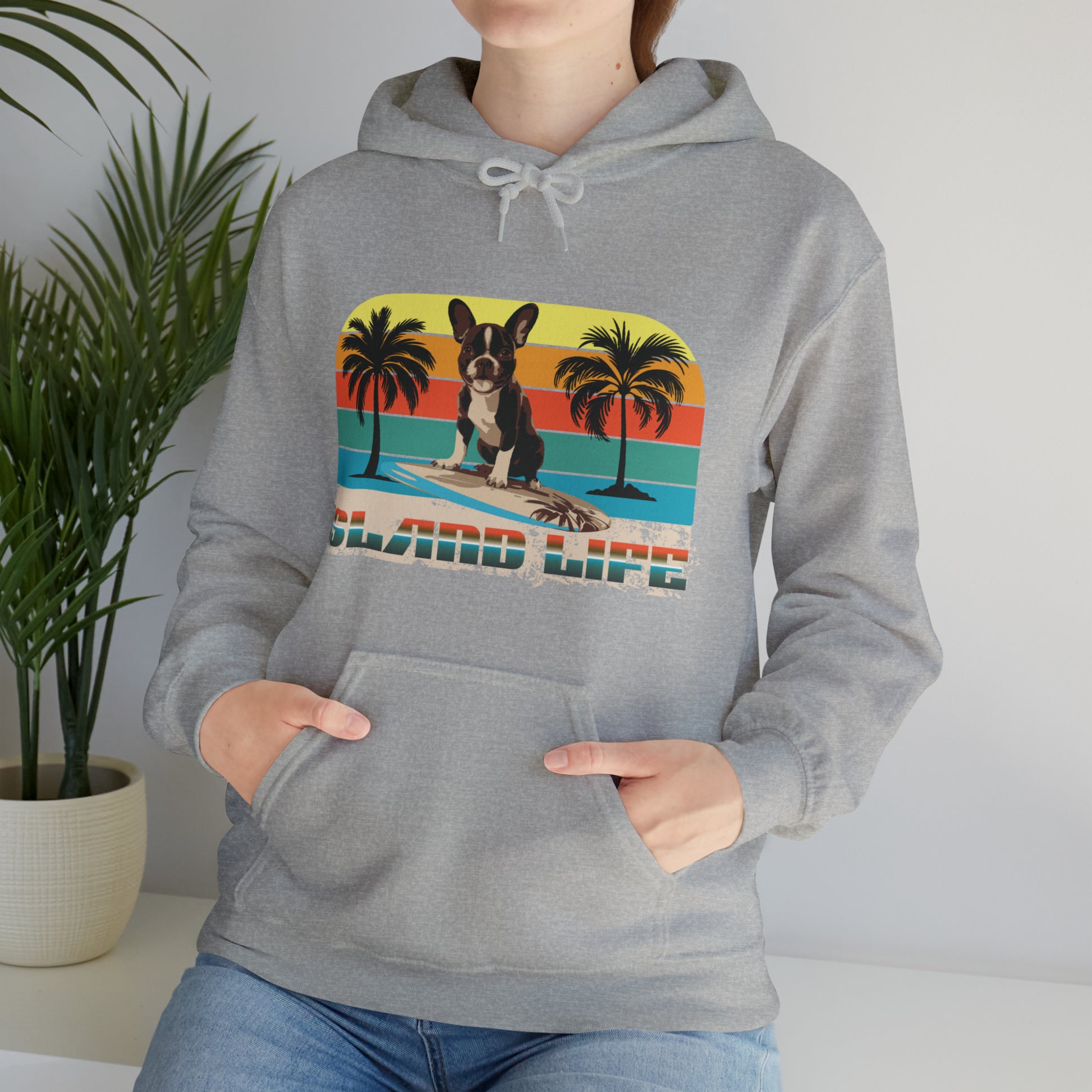 "Island Life" Surfing Boston Terrier - Unisex Heavy Blend™ Hooded Sweatshirt - French Boston