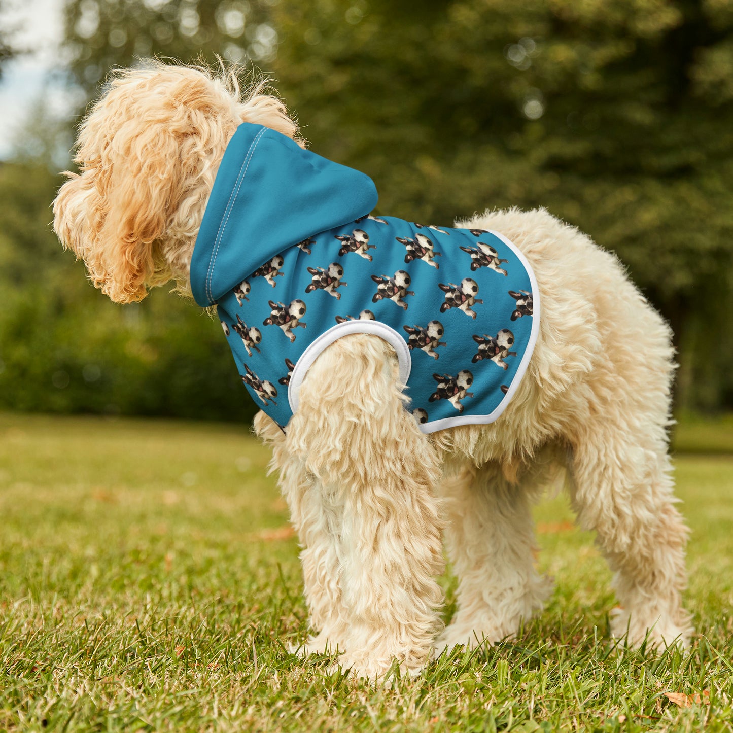 French Boston playing Soccer Pattern Pet Hoodie Turquoise Color - French Boston Unique Design - French Boston