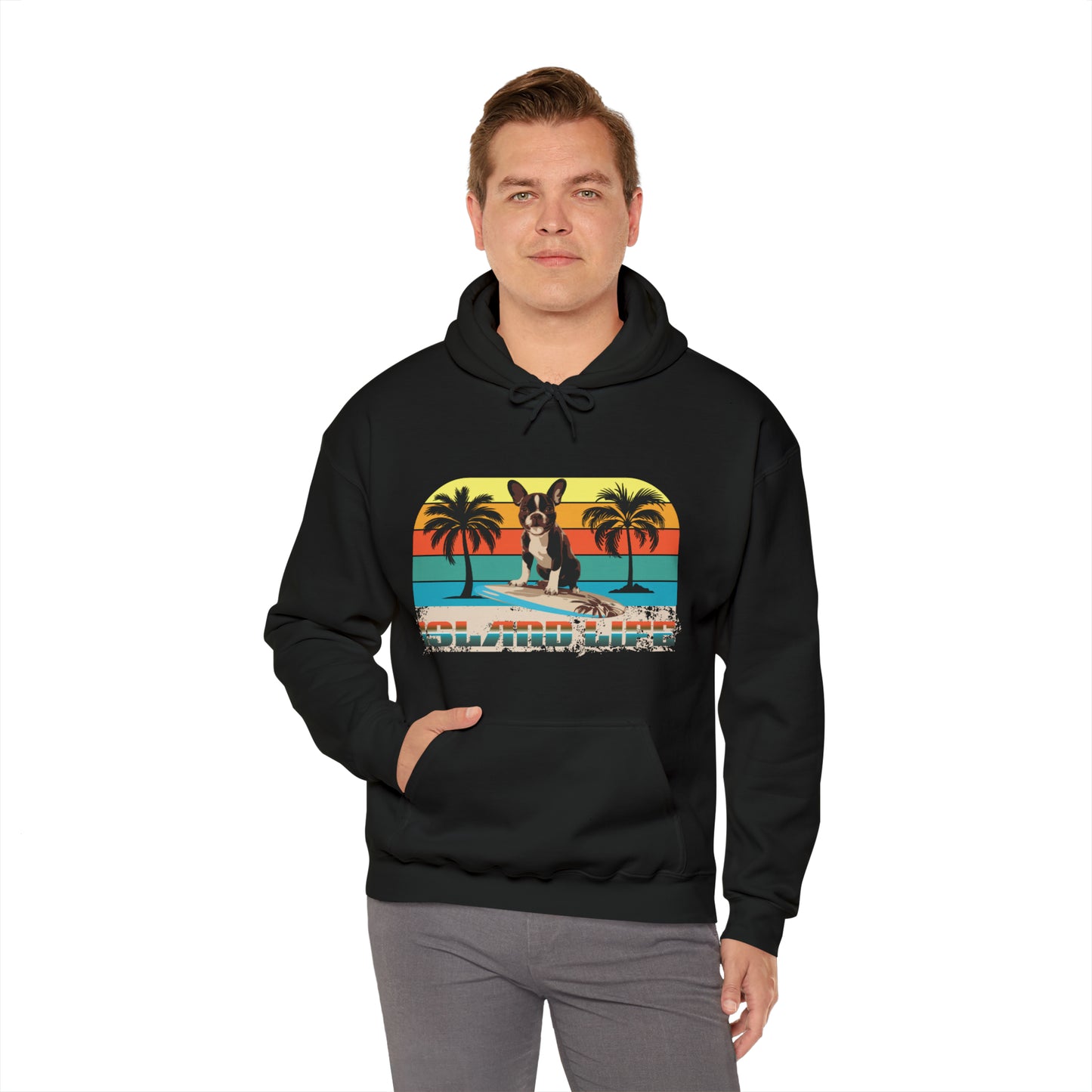 "Island Life" Surfing Boston Terrier - Unisex Heavy Blend™ Hooded Sweatshirt - French Boston