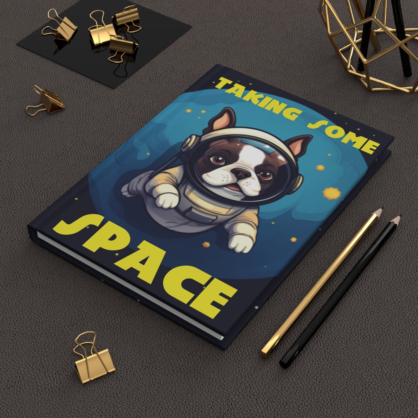 "Taking Some Space" Frenchie Boston in Space Cartoon - Hardcover Journal Matte Finish - French Boston