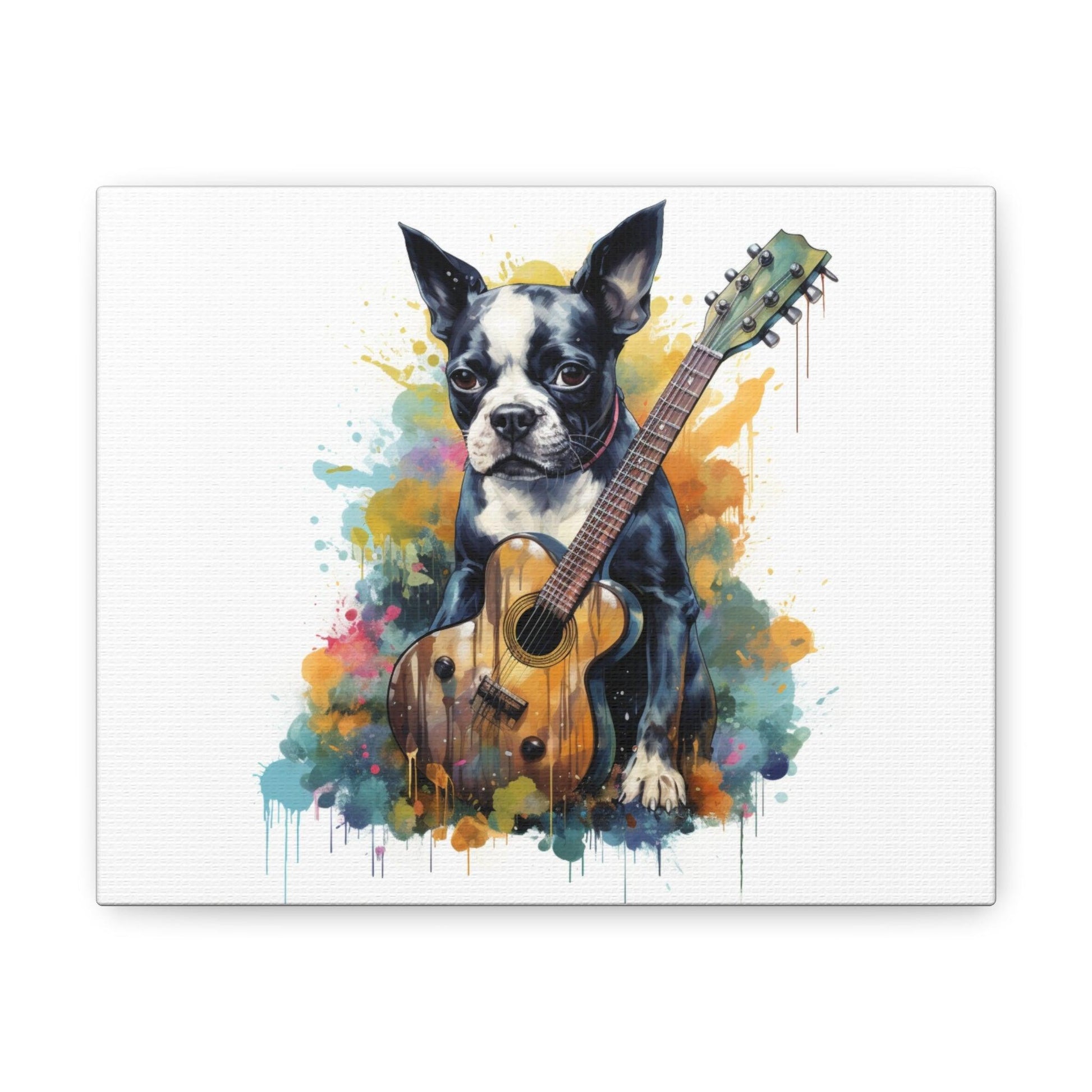 Boston Terrier Guitar Watercolor Print on Canvas - French Boston