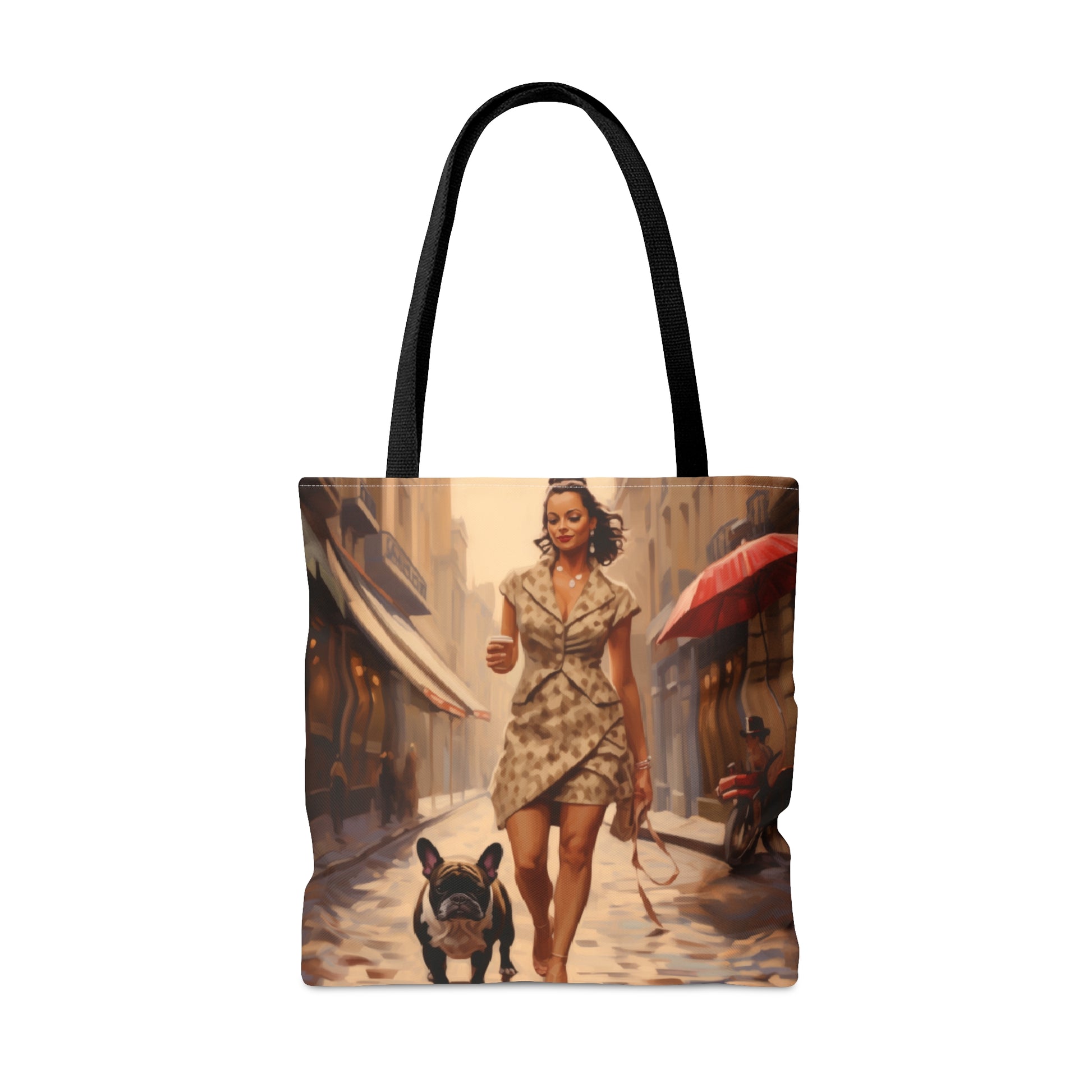 Woman walking French Bulldog french themed Tote Bag (AOP) - French Boston