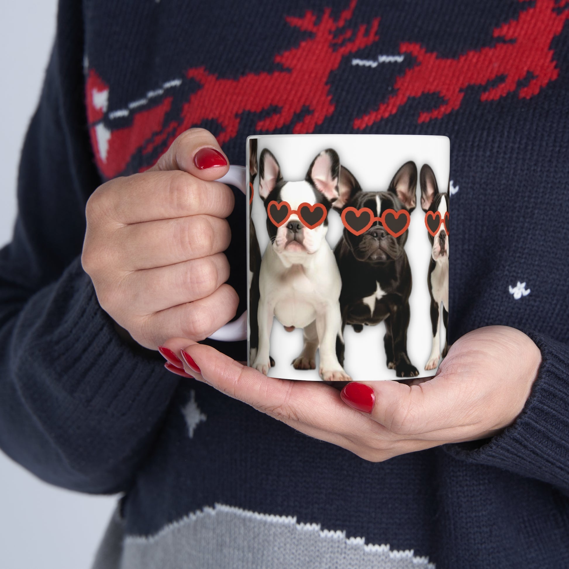 Frenchie Love Mug - Adorable Row of French Bulldogs wearing sunglasses - Frenchie Bulldog themed Mug 11oz - French Boston