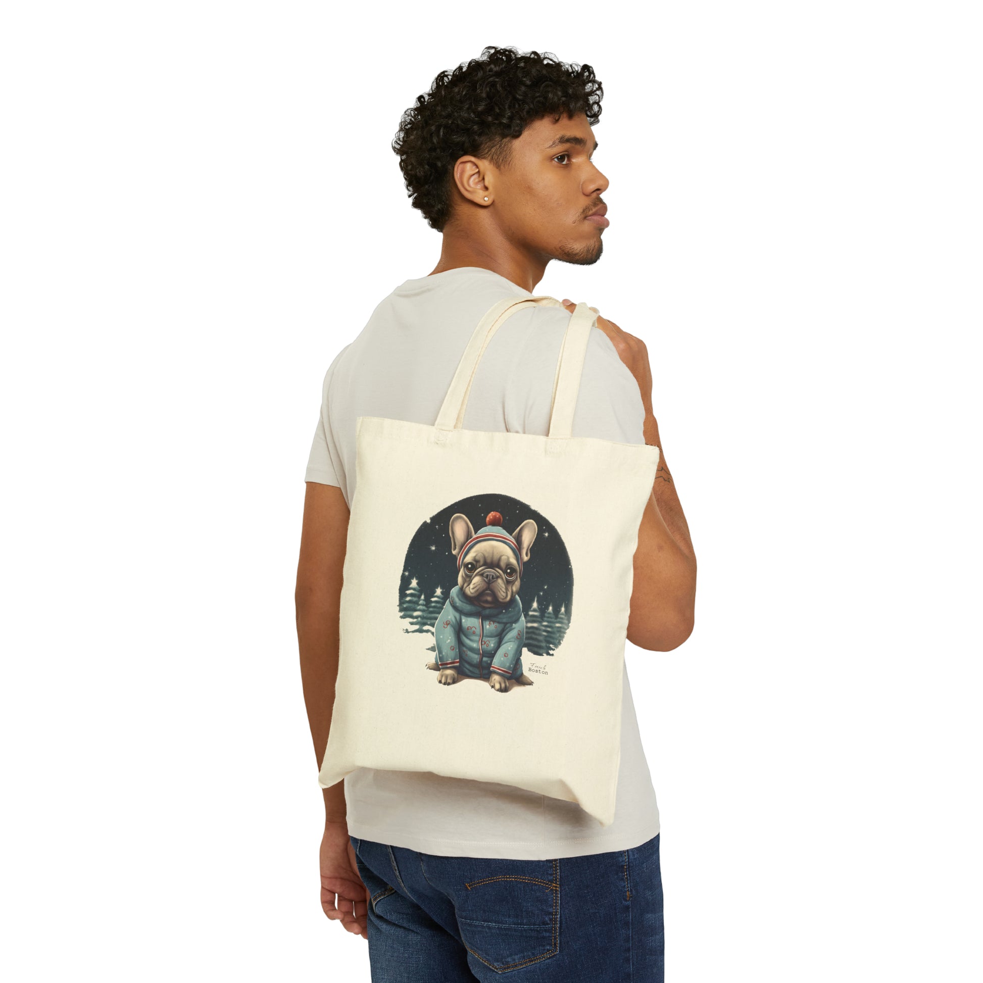 Blue French Bulldog Winter Themed 100% Cotton Canvas Tote Bag - French Boston